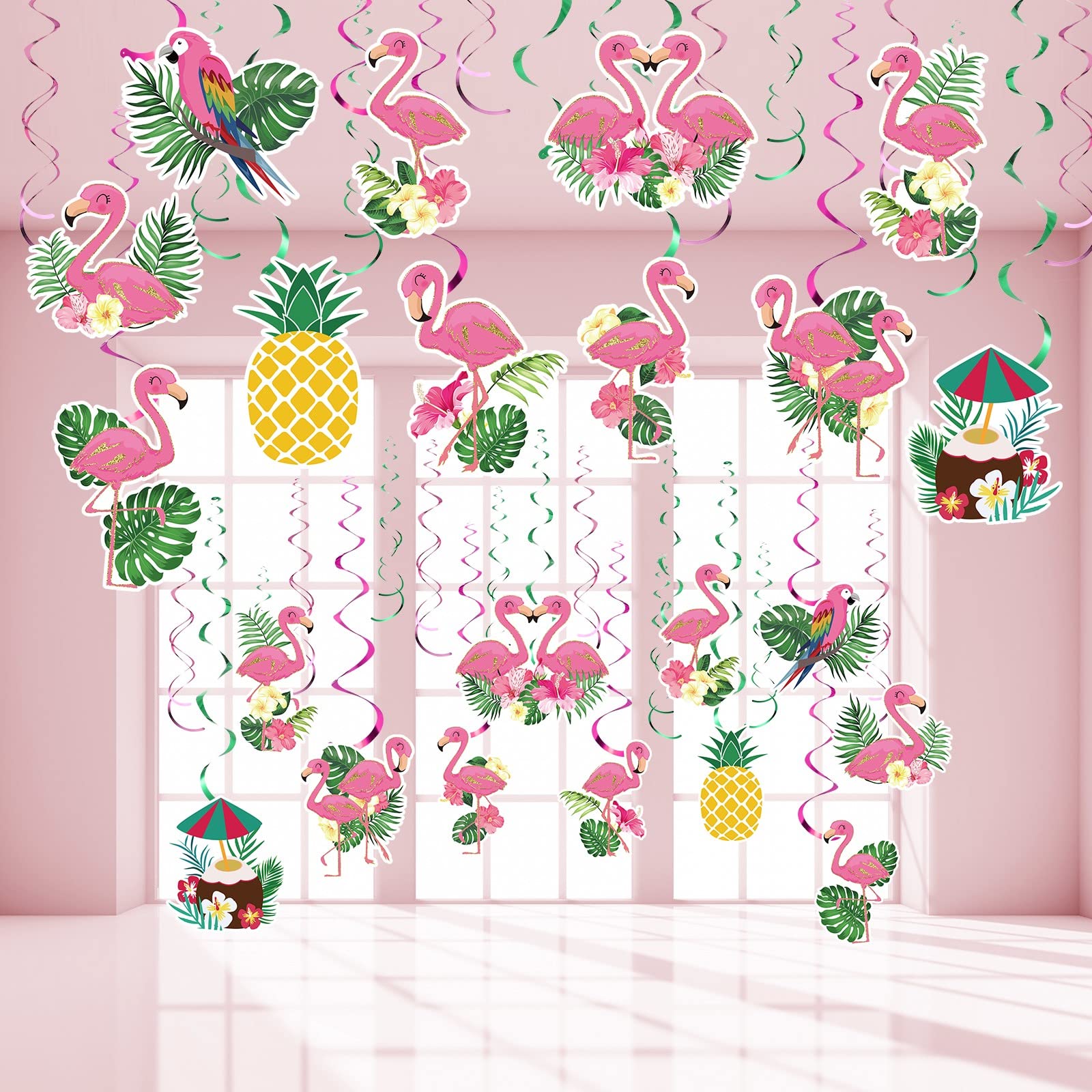 52 Pcs Flamingo Party Hanging Swirl Decorations, Hawaii Luau Pink Flamingo Party Hanging Swirl Tropical Aloha Decorations for Flamingo Birthday Party Supplies Decorations