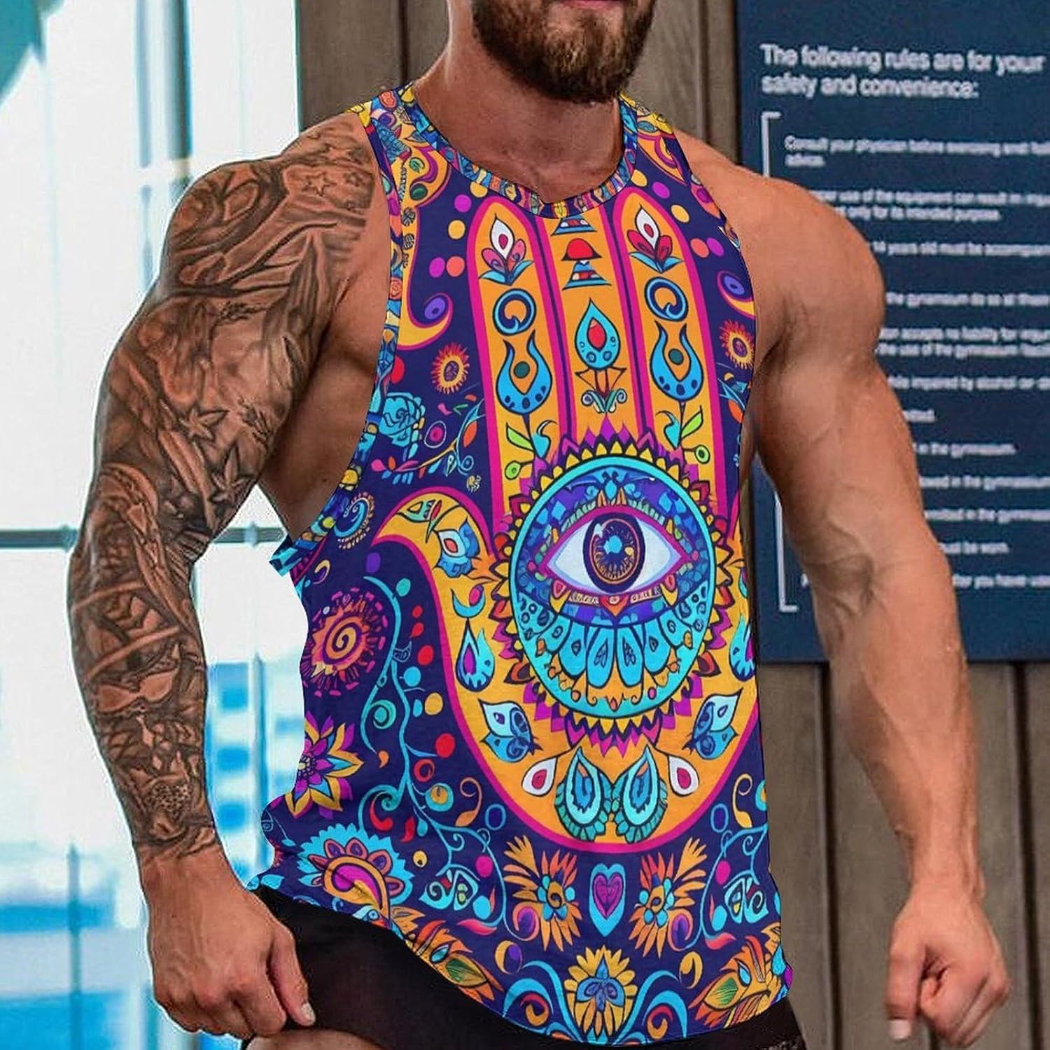 Hamsa Hand of Fatima Meditation Mandala Mens Tank Tops Sleeveless Muscle Shirts Beach Casual Gym Shirt Vest Tee Tops