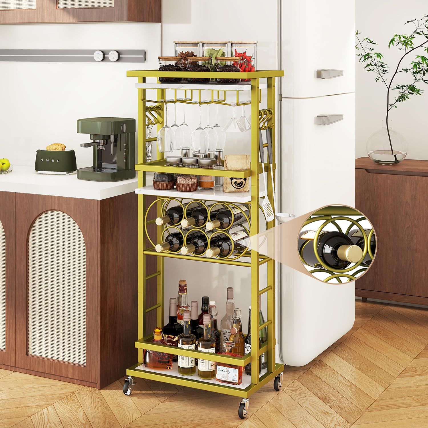 IBUYKE Botellero Vino con Ruedas, Carrito Bar 4 Niveles, Mini Bar rodante Blanco