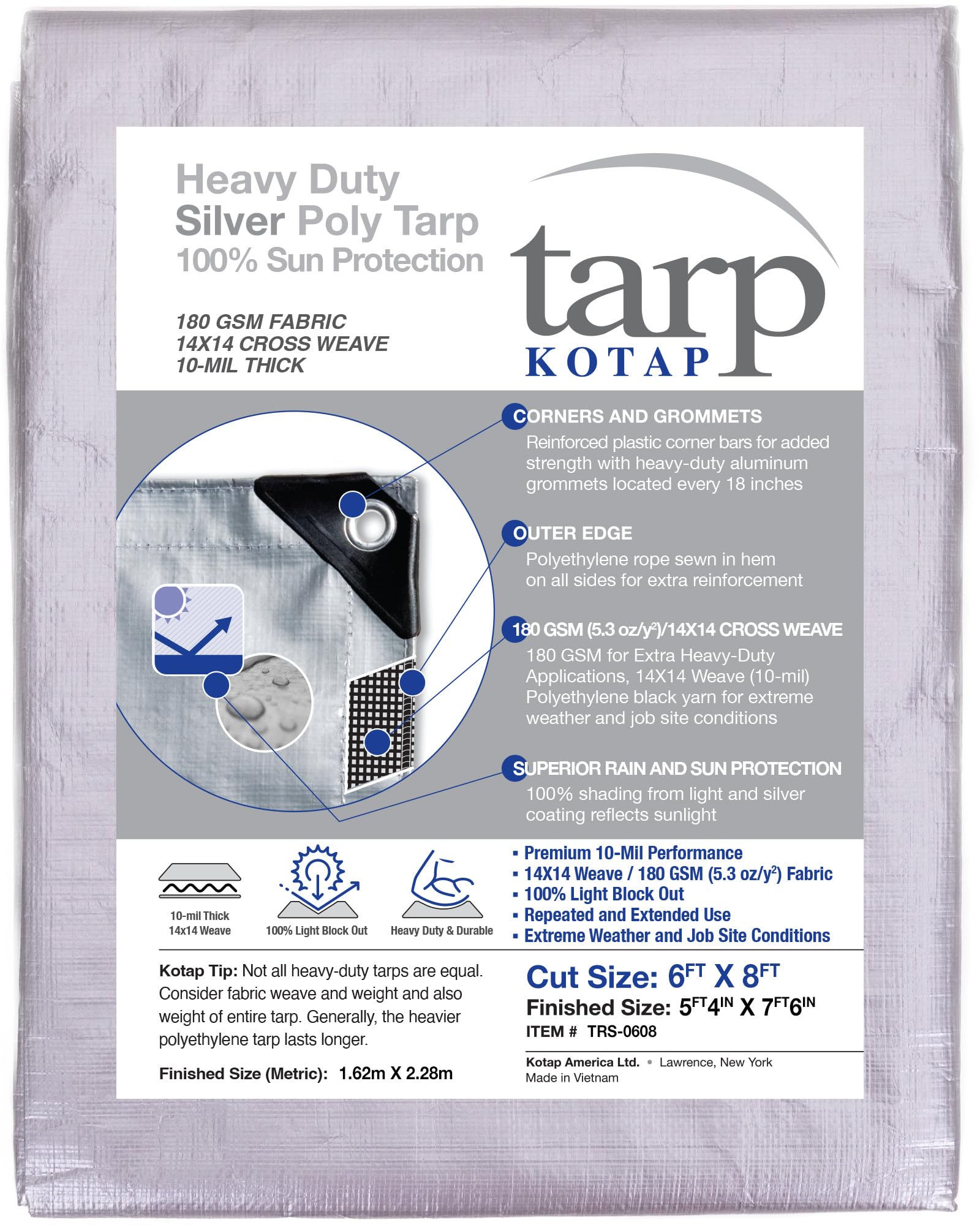 KotapSilver 6 x 8-ft Heavy-Duty 14 Cross Weave UV Blocking 10-mil Poly Tarp, Item: TRS-0608, Size: 6' X 8'