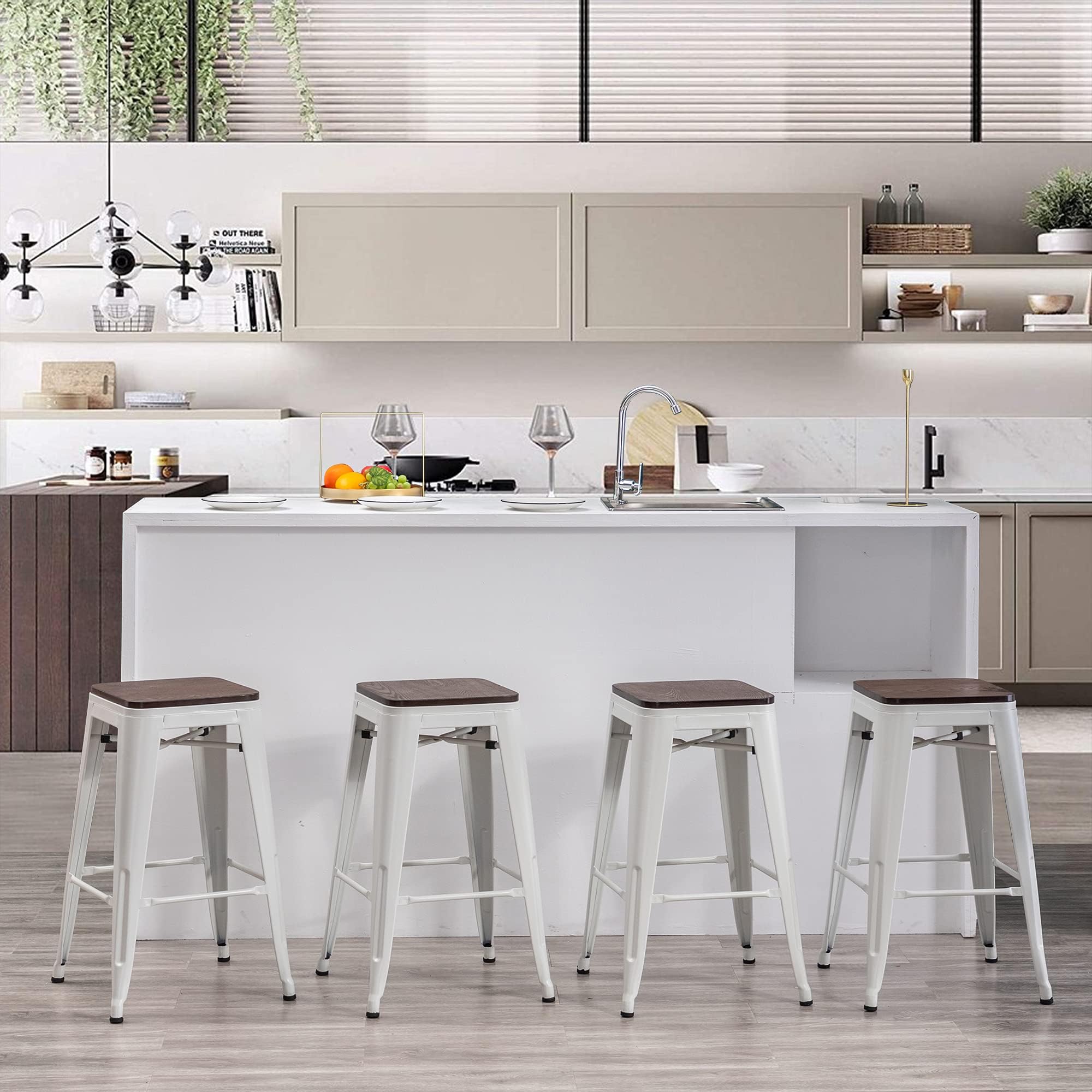 Changjie Furniture Bar Stools Industrial Counter Height Bar Stools Stackable Backless Barstools Set of 4 for Kitchen (30 inch, White)