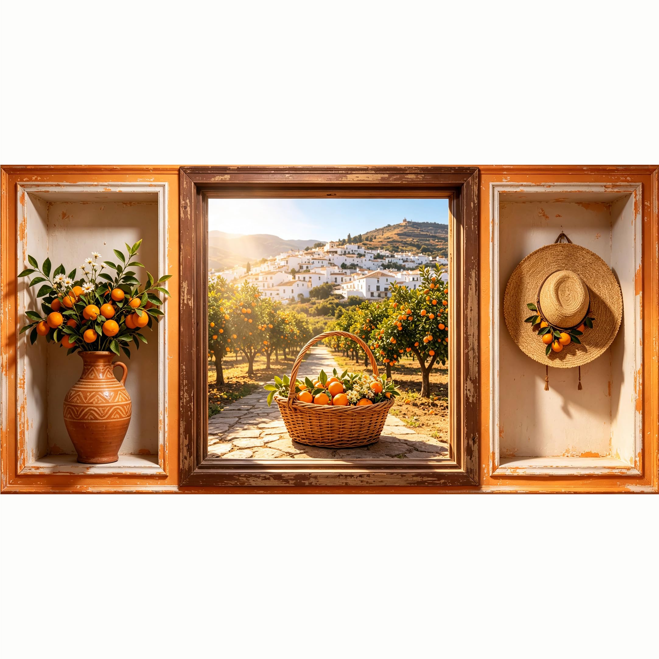 QZLITHOTIC 50x100cm 3D Framed Wall Art， Mediterranean Citrus Orchard Landscape Farmhouse Style Self‑Adhesive Mural， Water‑Activated Peel & Stick Fabric Decor Wall Decal for Bedroom Living Room