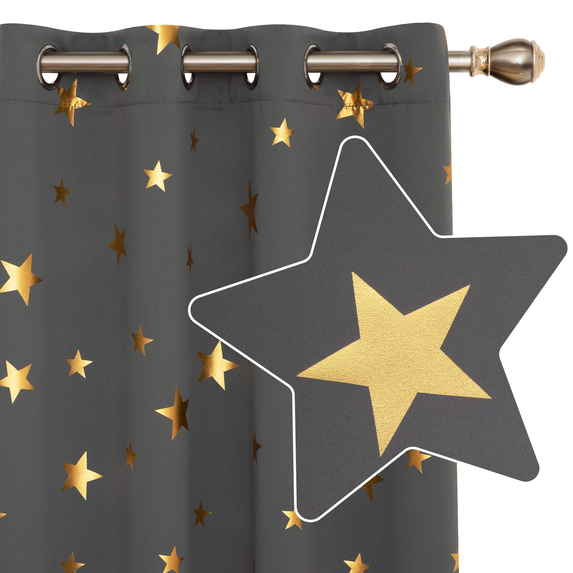 Deconovo Gold Star Curtains, Thermal Insulated Room Darkening, Eyelet Blackout Curtains for Bedroom, 52 x 63 Inch(Width x Length), Light Grey, 2 Panels