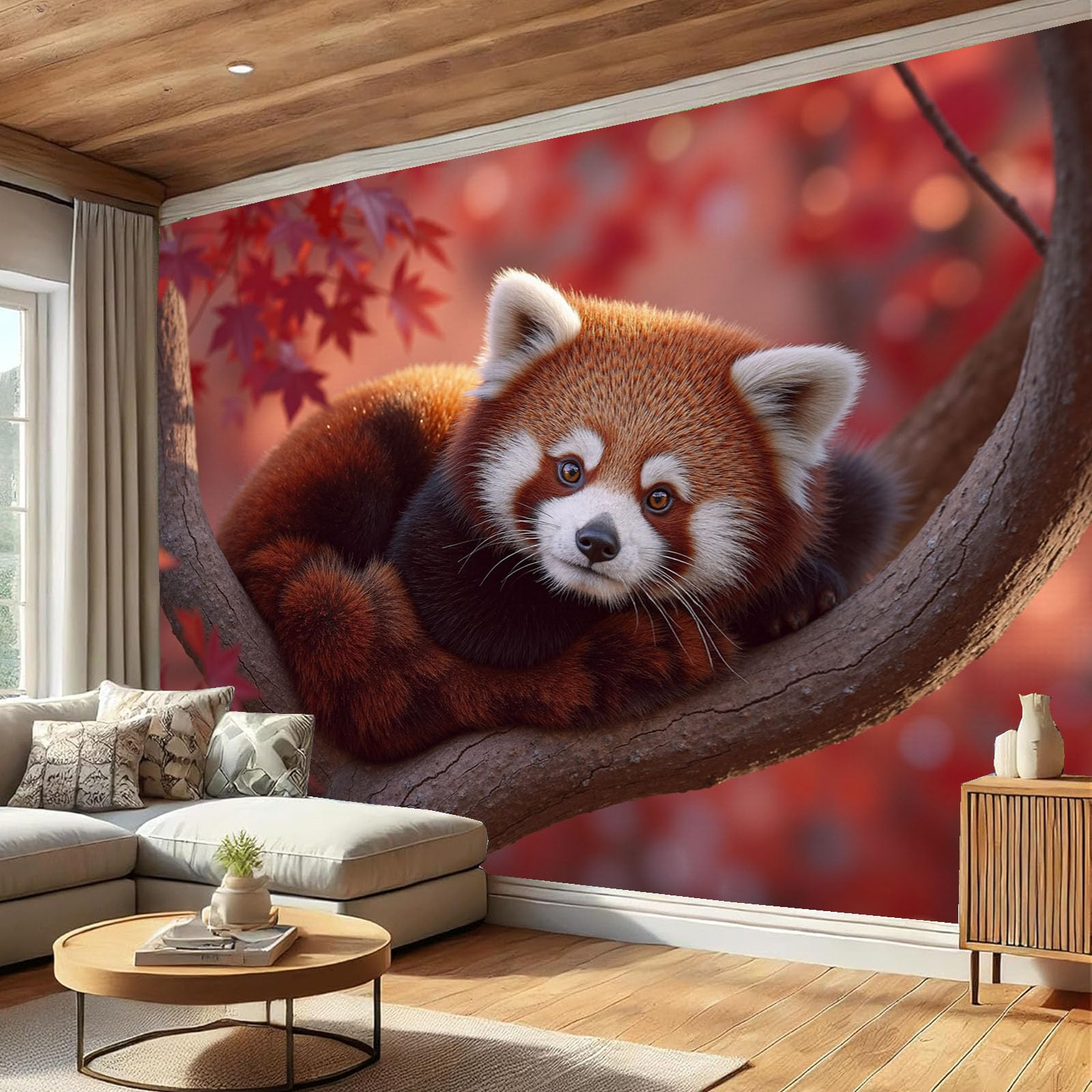 Papier peint feuilles d'érable rouge et panda roux pour une décoration murale colorée