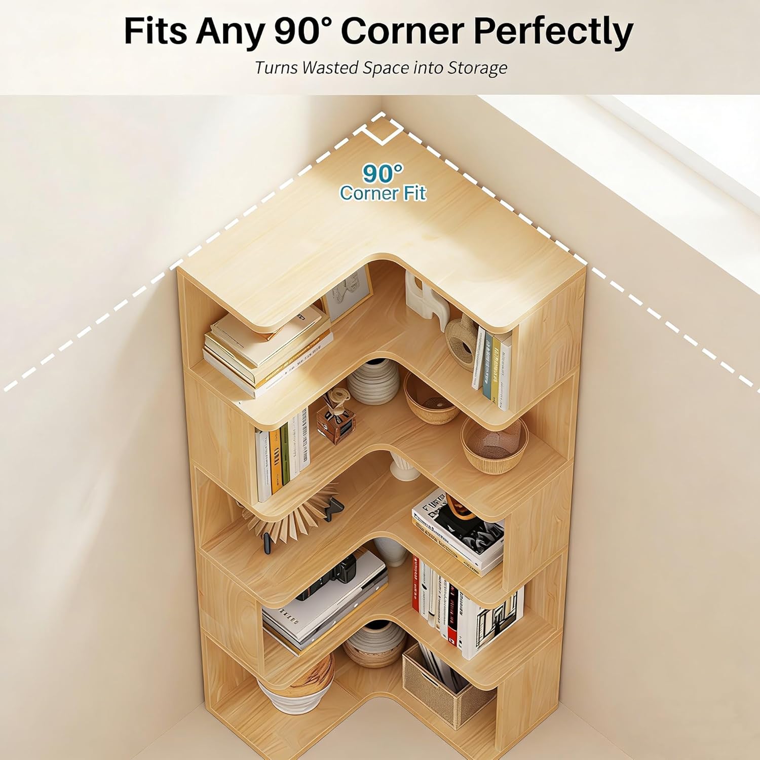Wooden 5 Tier Corner Bookshelf - 65" Tall L-Shaped Corner Book Shelves for Space Saving, Solid Wood Bookcase Open Display Shelf with Baffle for Home Office, Living Room, Bedroom, Kitchen, Natural
