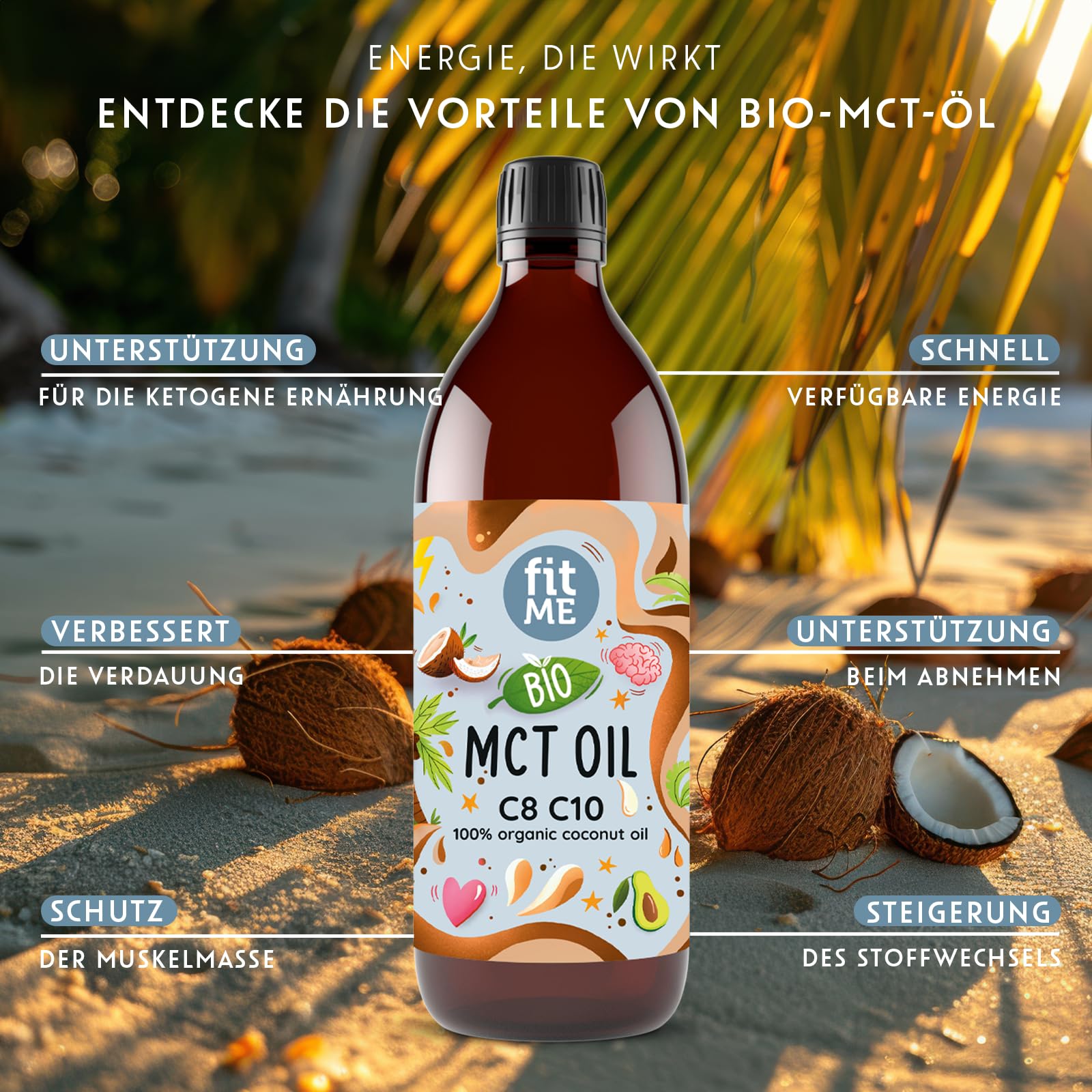 fitME MCT Öl auf Kokosölbasis 500 ml, BIO MCT-Oil mit C8 & C10 Fettsäuren, 60% Caprylsäure & 40% Caprinsäure, für Keto-Diät, Geschmacksneutral für Kaffee, Smoothies, Shakes & Dressings, ohne Pumpe