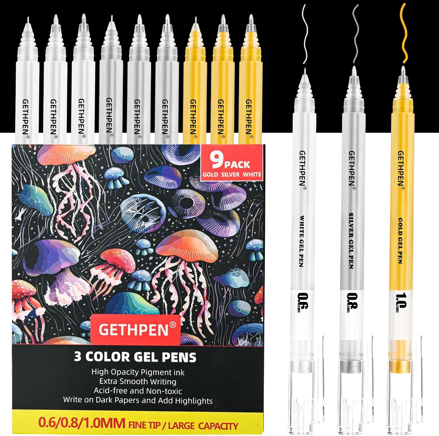 HANGYING 9Pcs White Gel Pens 0.6/0.8/1.0mm Gold Silver Opaque Black Paper