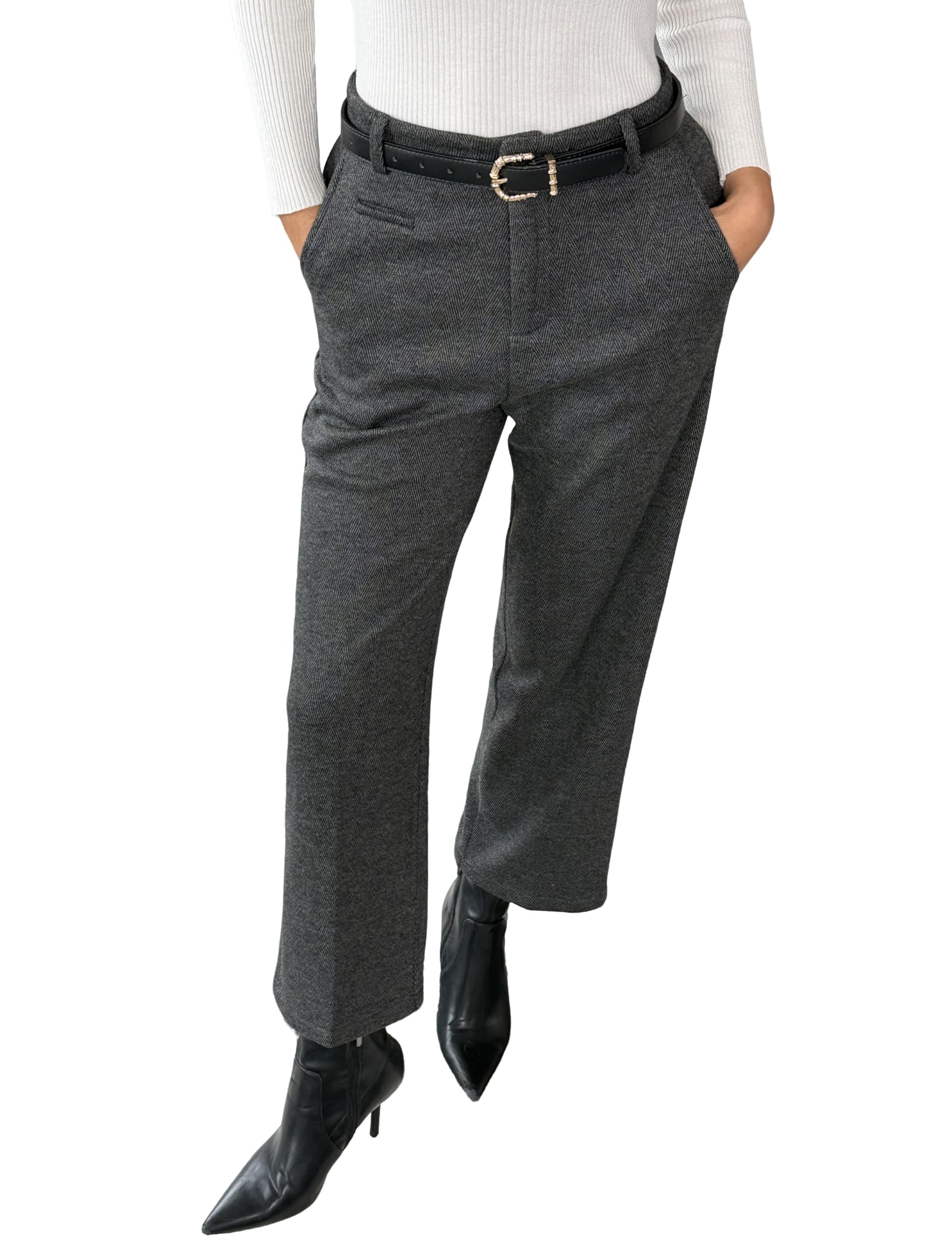 Fakanhui Damen-Winter-Thermohose, Wollmischung, Tweed, bauchfrei, weites Bein, Fleece-gefüttert, Business-Casual-Hose