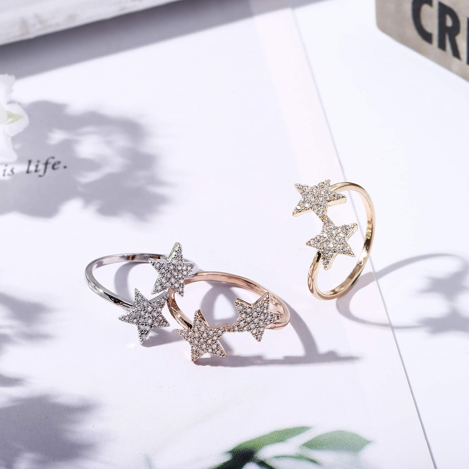 PengJin, Star Openings Gold Rings for Women Embedded in Shiny Cubic zircons, Unique Copper Ring Jewelry - Image 4