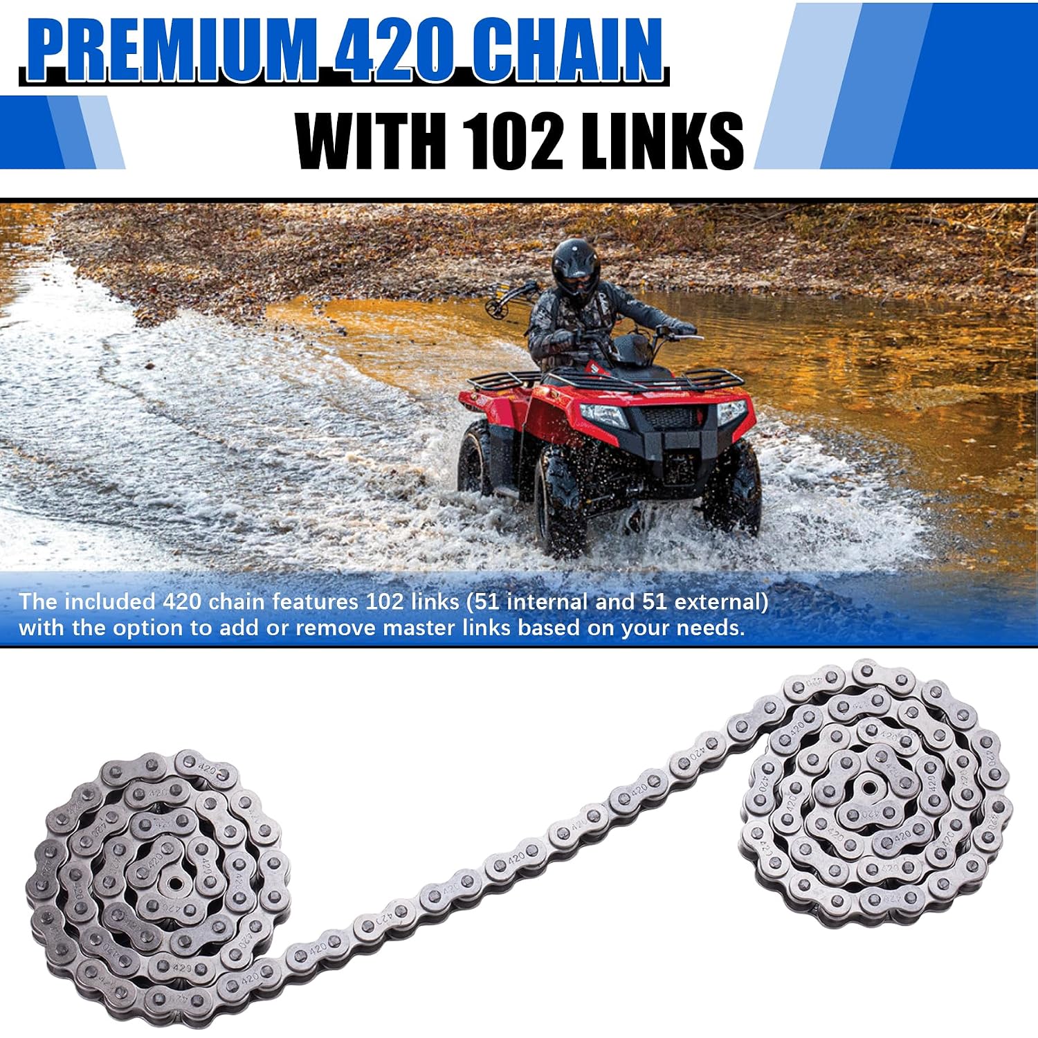 Ultimate 420 102 Links Dirt Bike Chain fit for 50cc-140cc Pit Bikes, ATVs, & Go Karts - CRF50, XR50, PW80, SSR, Tao Tao, Coolster & More