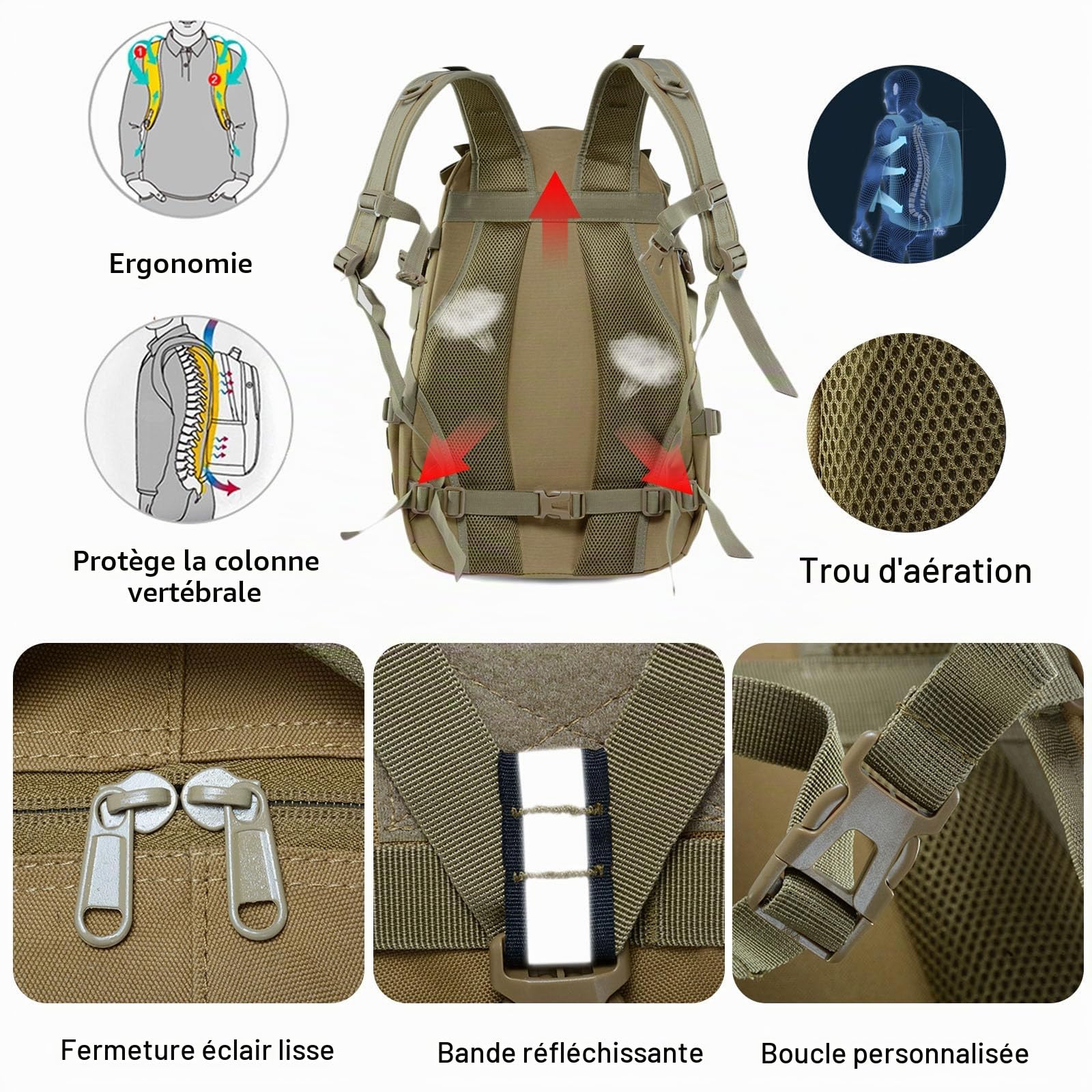 FANDARE Sac à Dos Randonnée Tactique Militaire 25L Sacs à Dos Tactiques Militaires pour Hommes Sac de Jour Molle Sac à Dos de Fitness Sac à Dos de randonnée pour Trekking Randonnée