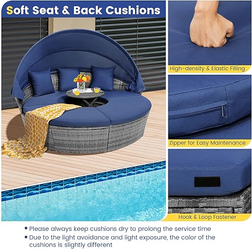 Miniatura 6 de HAPPYGRILL Sofá cama de ratán con toldo, sofá redondo de mimbre para exteriores, asiento seccional con cojines y mesa auxiliar ajustable, muebles de