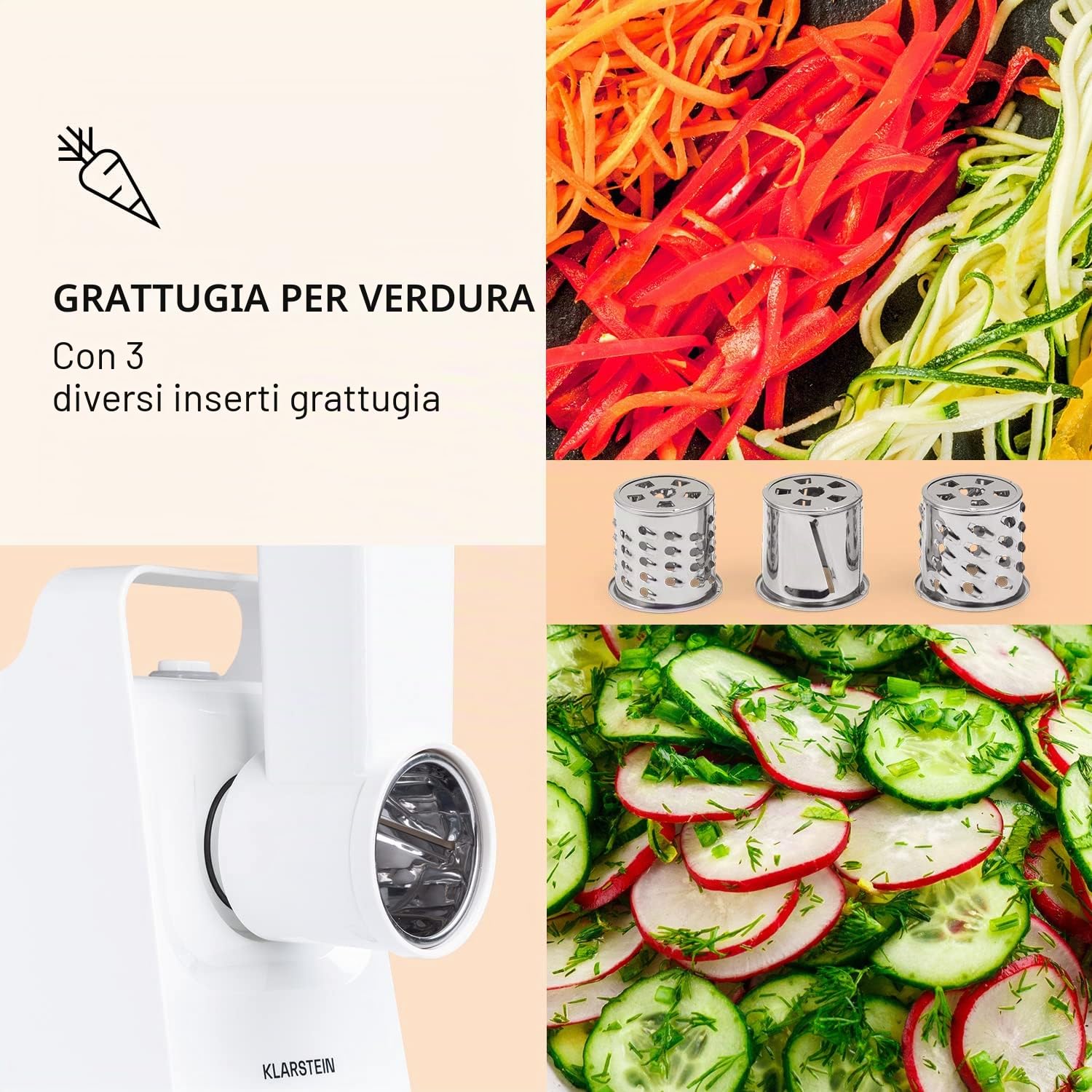 Klarstein Mighty Mince - Tritacarne Elettrico, Potenza da 500 a 1361 W, Tritacarne con Accessori per Insaccati, Kebbe e Salse, Trita Carne Multifunzionale, Passapomodoro, Bianco