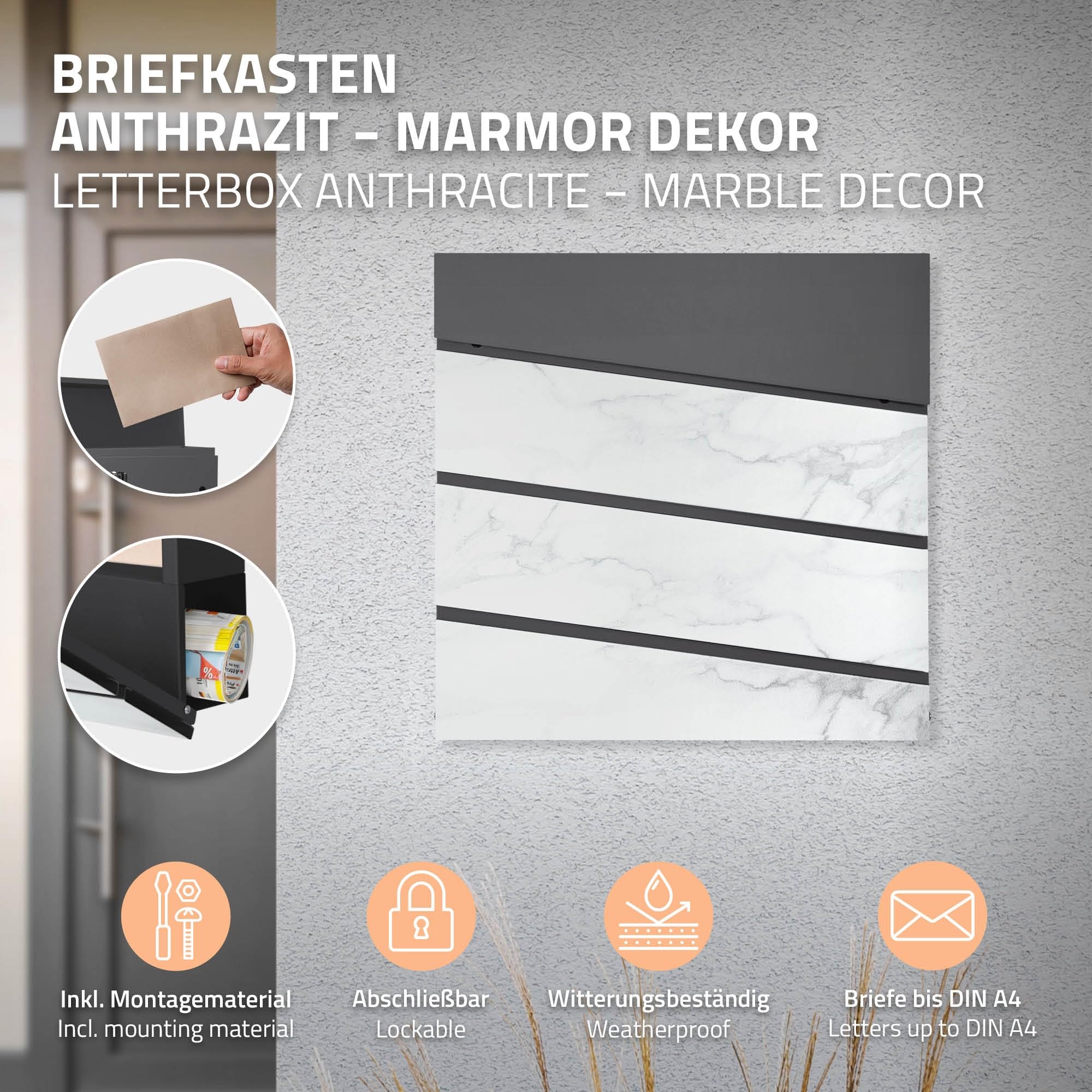 ML-Design Cassetta Postale Montaggio a Parete Muro Esterno 37 x 36,5 x 11 cm in Acciaio Antracite/Aspetto Marmo Buca delle Lettere con Scomparto Porta Giornali Stile Moderno con Serratura e 2 Chiavi