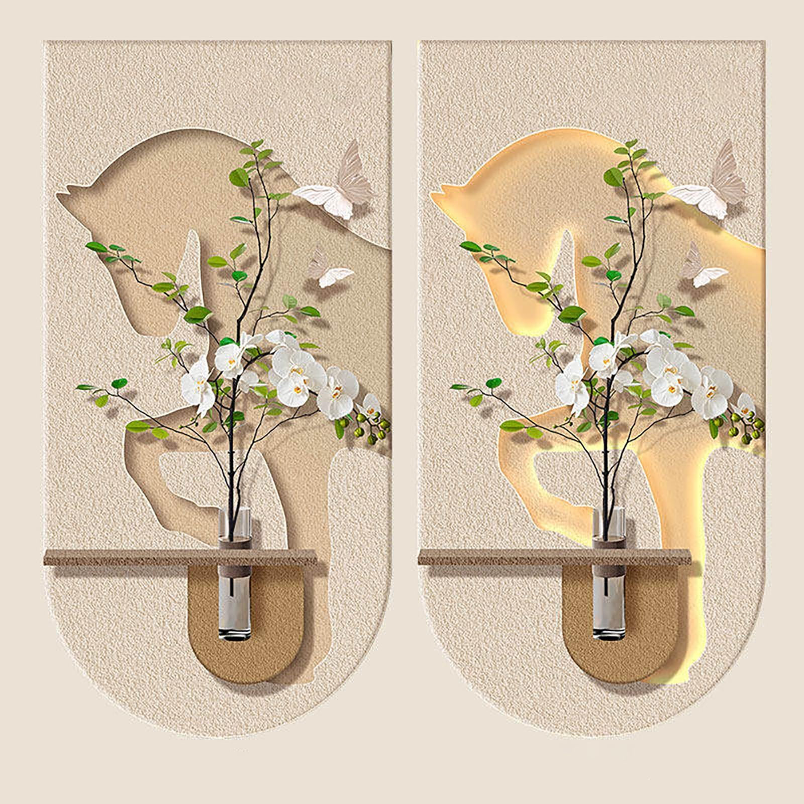 ZCQMSCWW 3D LED Wall Decor with Glass Vase, Plug-in Power Vertical Hanging Butterfly Accent Sandstone Textured Finish for Living Room Bedroom(A,160 * 80cm/62.9 * 31.5in)