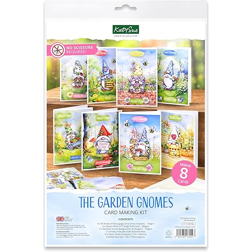 Katy Sue The Garden Gnomes Card Making Kit. Makes 8 Cards at 5 x 7 Inches. Contains Gnome Die-Cut Decoupage, Background Scenes, Cards, Envelopes & Foam Pads for Card Making Supplies. UK-Made.