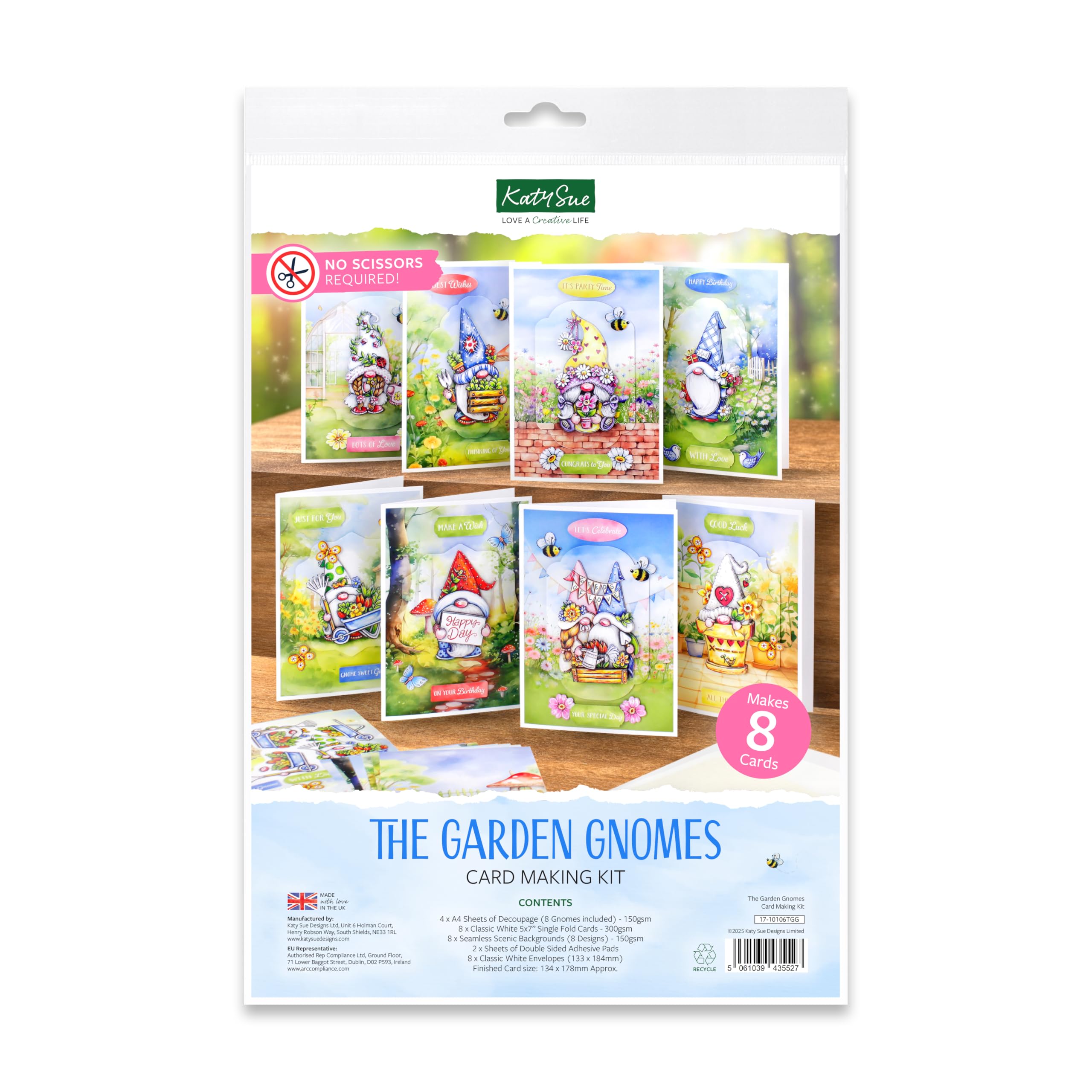 Katy Sue The Garden Gnomes Card Making Kit. Makes 8 Cards 127 & 178 Millimetres. Contains Gnome Die-Cut Decoupage, Background Scenes, Cards, Envelopes & Foam Pads for Card Making Supplies. UK-Made.