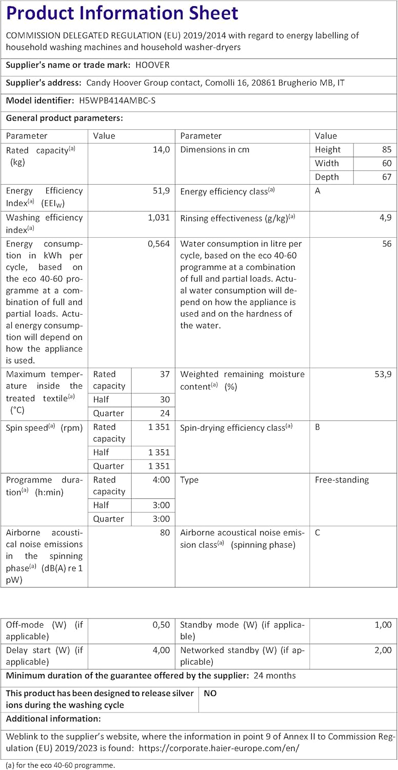 Hoover H-WASH 550 pračka / 14 kg / 1400 ot/min/ovládání přes aplikace hOn App/Wi-Fi + bluetooth/energetická třída A/Eco-Power Inverter Motor/Allergy Care Pro cyklus/model: H5WPB414AMBC-S