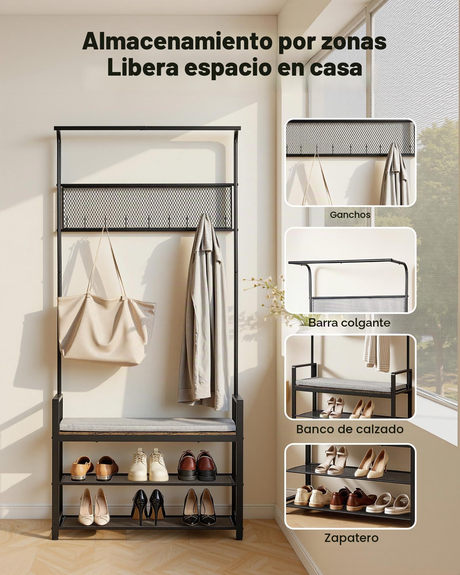 VEVOR Perchero de Pie 183 cm, Organizador de Ropa con Ganchos Banco Zapatero Estantes y Barra Superior, Recibidor de Entrada para Bolso Abrigo Calzado, Armario Abierto para Pasillo Dormitorio Salón