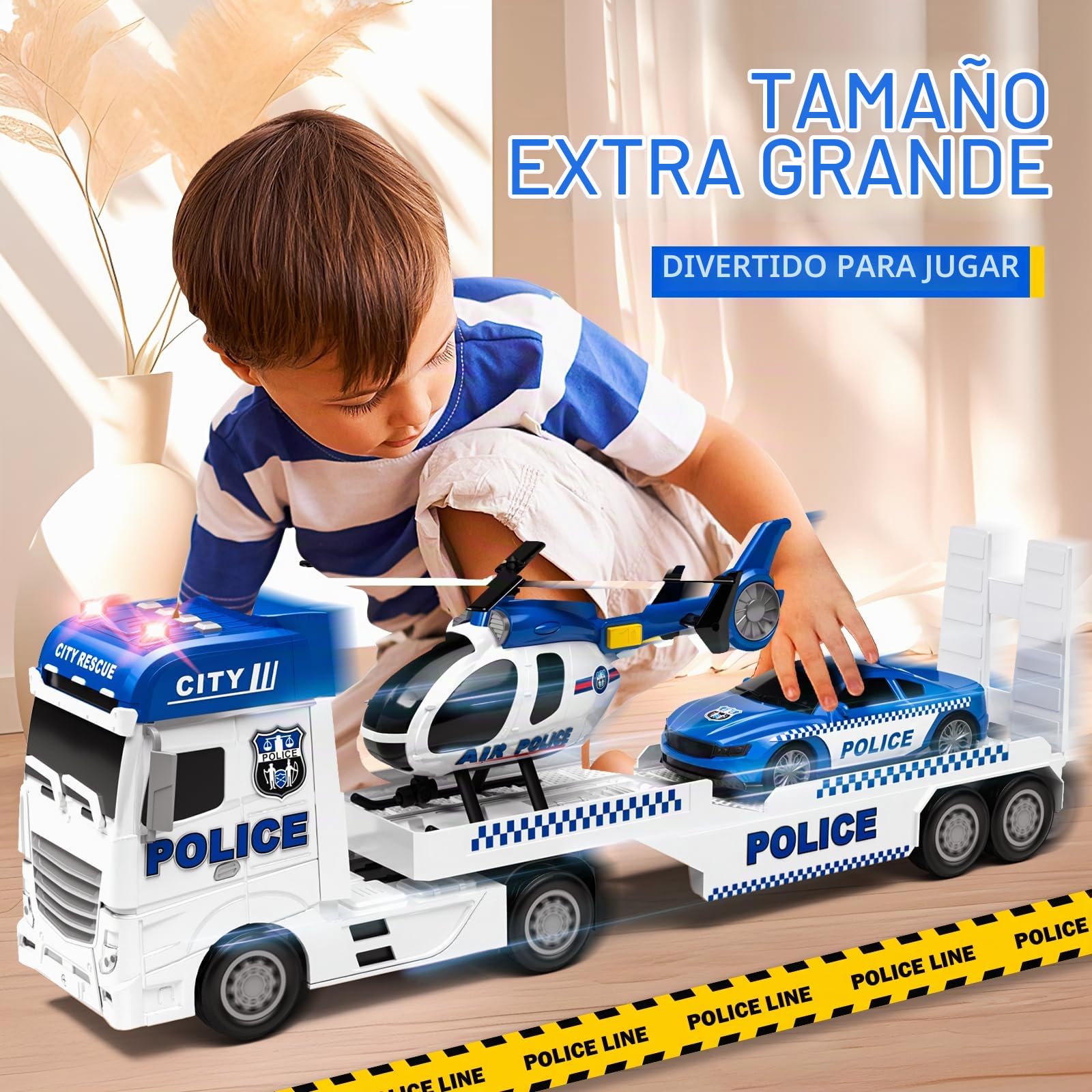 Tacobear Camión Policía de Juguetes para Niños Grande Vehículos de Camiones de Juguete con Helicóptero Coche de Policía, Camión Transportador Policía Juguete Regalo para Niños 2 3 4 5 6 años