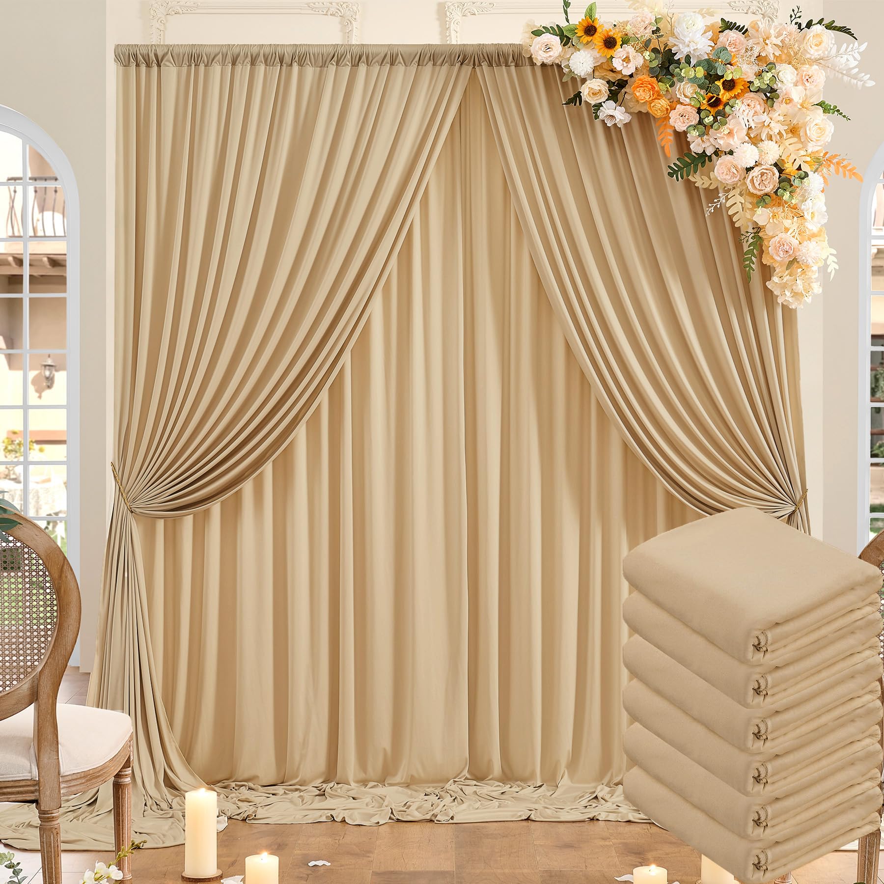 30ft x 10ft Wrinkle Free Champagne Backdrop Curtains for Parties, 6 Panels 5x10ft Thick Polyester Photo Backdrop Drapes for Wedding Birthday Party