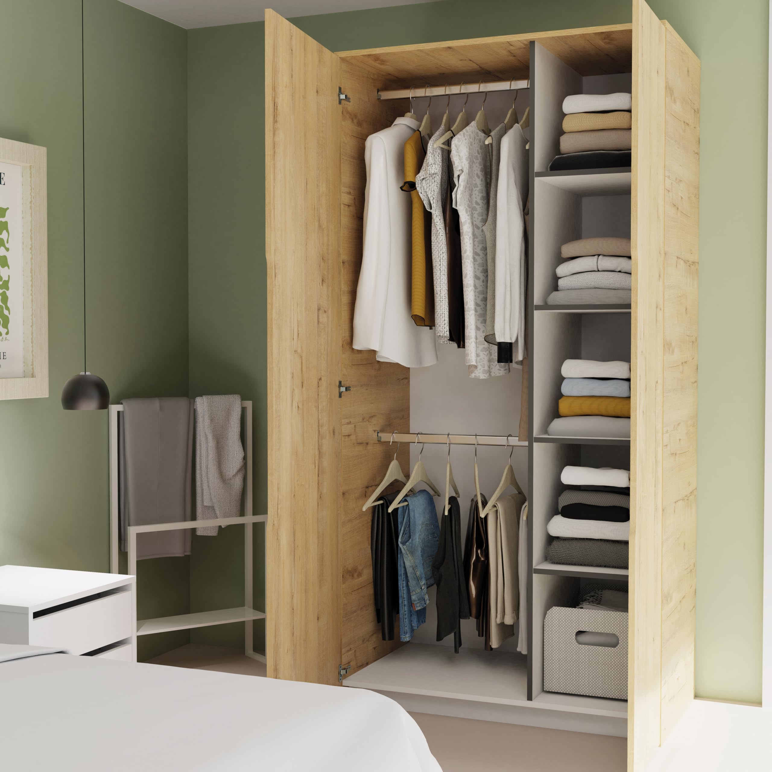 MUEBLES PITARCH | Armario Dormitorio Ropero 2 Puertas, 2 Barras y 4 Estantes Regulables, Roble Gold, 200x100x57cm (Alto x Ancho x Fondo), Mueble Recibidor Moderno, Modelo Noa