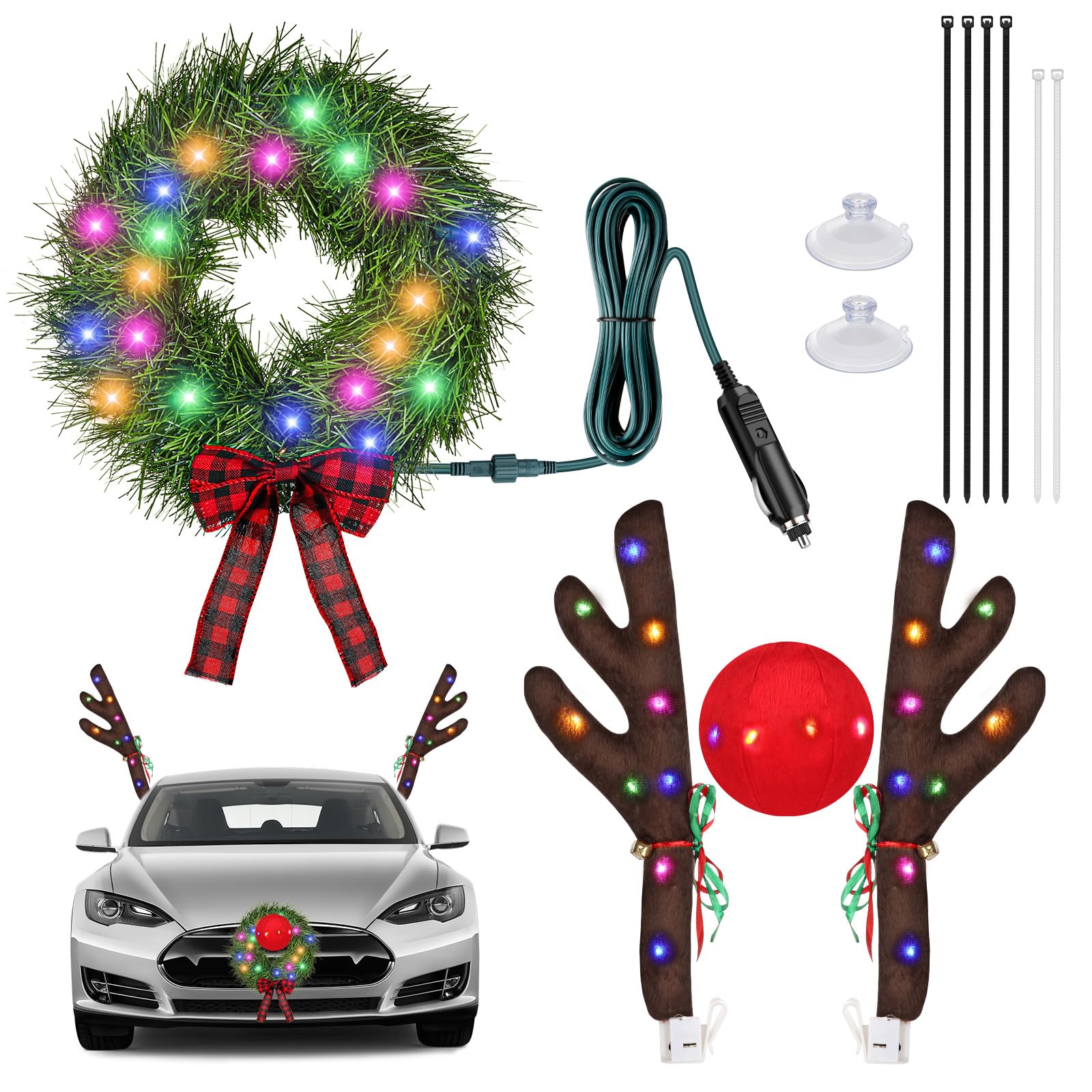 Buy ovsor Christmas Wreath & Reindeer Car Kit 12Volt Plugin Wreath