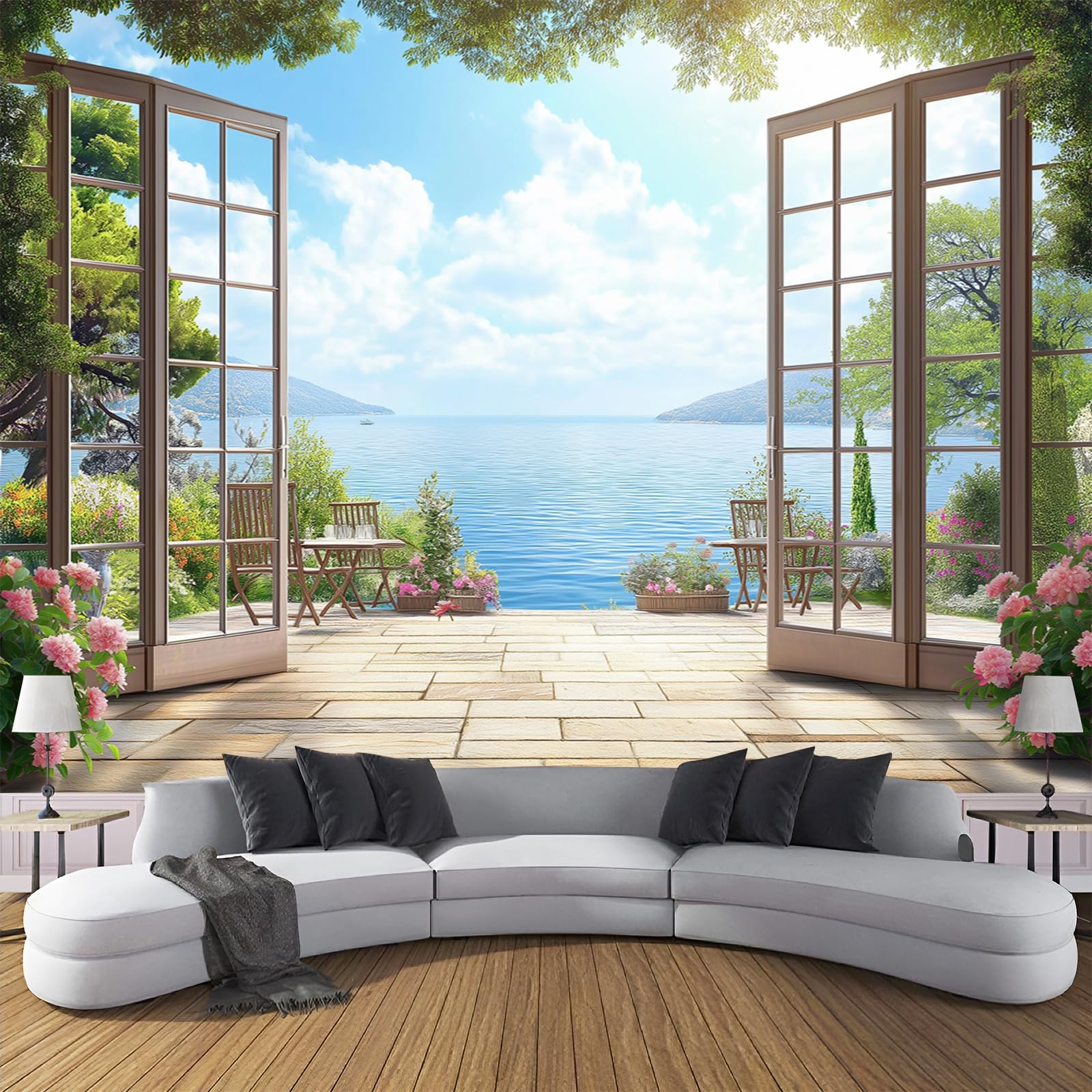 Papel tapiz fotográfico Mural Autoadhesivo 400x280cm | Decoración De Pared Sala Cuarto | Vista De La Terraza 3D - Vista Al Mar