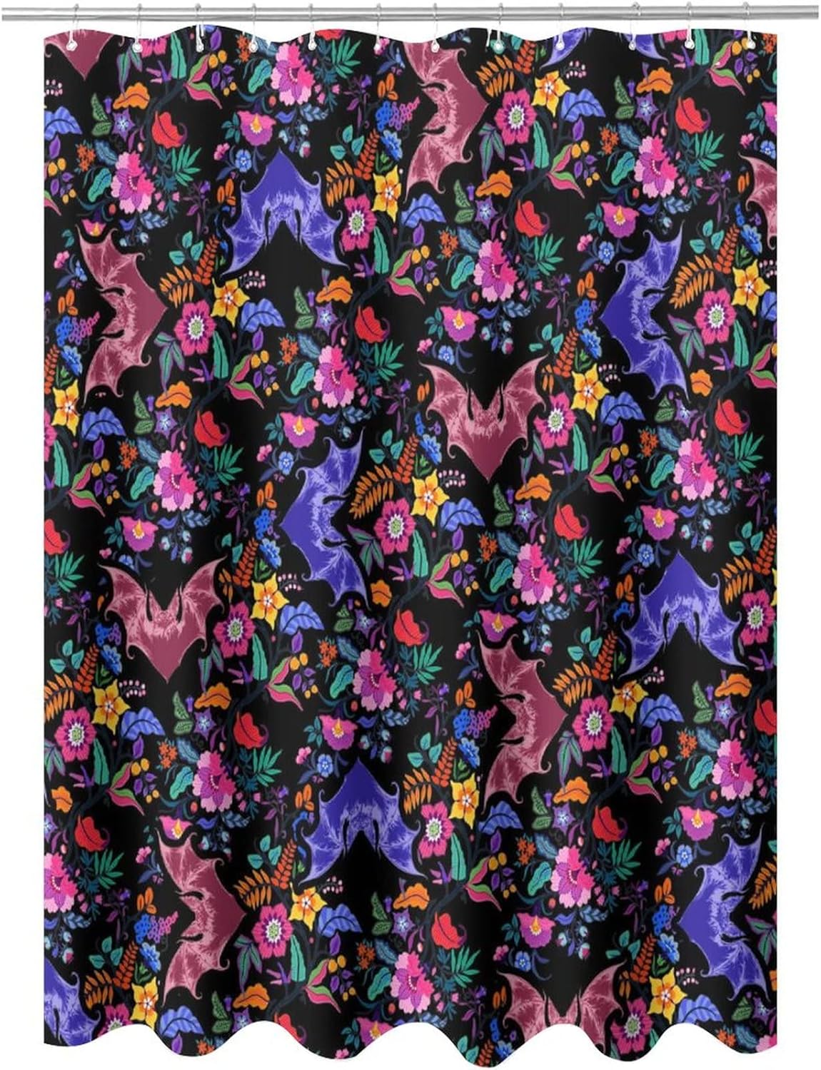 Gothic Bat Fabric Shower Curtain,Colorful Halloween Floral Bat Print Hotel Quality,Machine Washable,72L x72W for Bathroom.