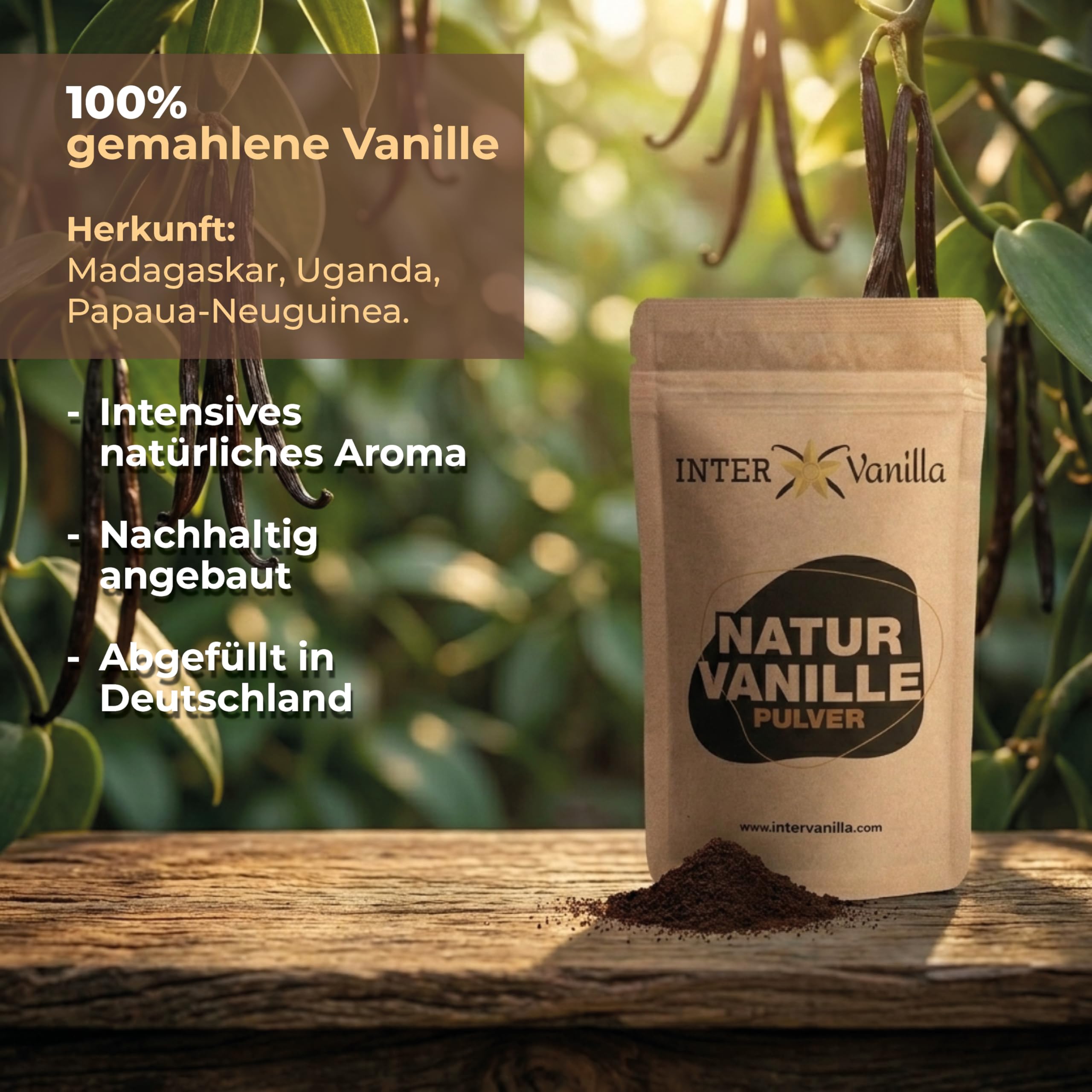 InterVanilla Natur Vanille gemahlen VANILLEPULVER, 100g aus 100% echten Premium Vanilleschoten. Vanilla bean powder. Ohne Zusätze, ohne Zucker
