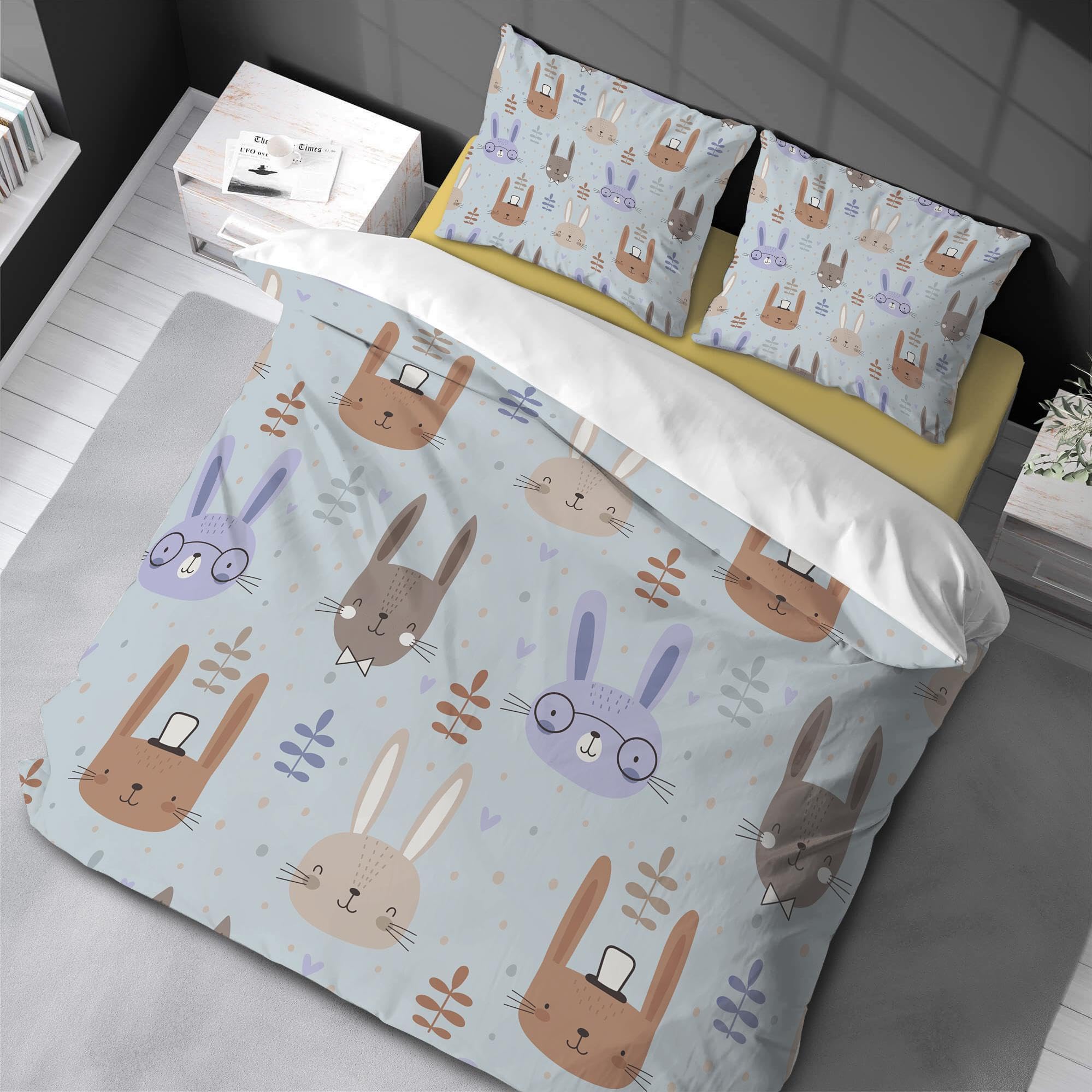 Housse de couette lapin anti-plis ensemble de lit facile à laver 155x200cm chambre