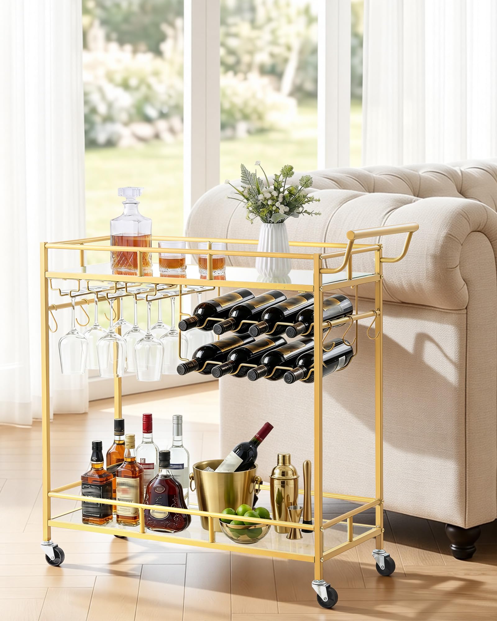VEVOR Carro de Bebidas con Botellero de 2 Niveles, Carrito de Servicio con Ruedas y Asa, Estantes de Vidrio Espejado, Soporte para Copas, para Sala de Estar, Comedor, Cocina, 88x35x89 cm, Dorado