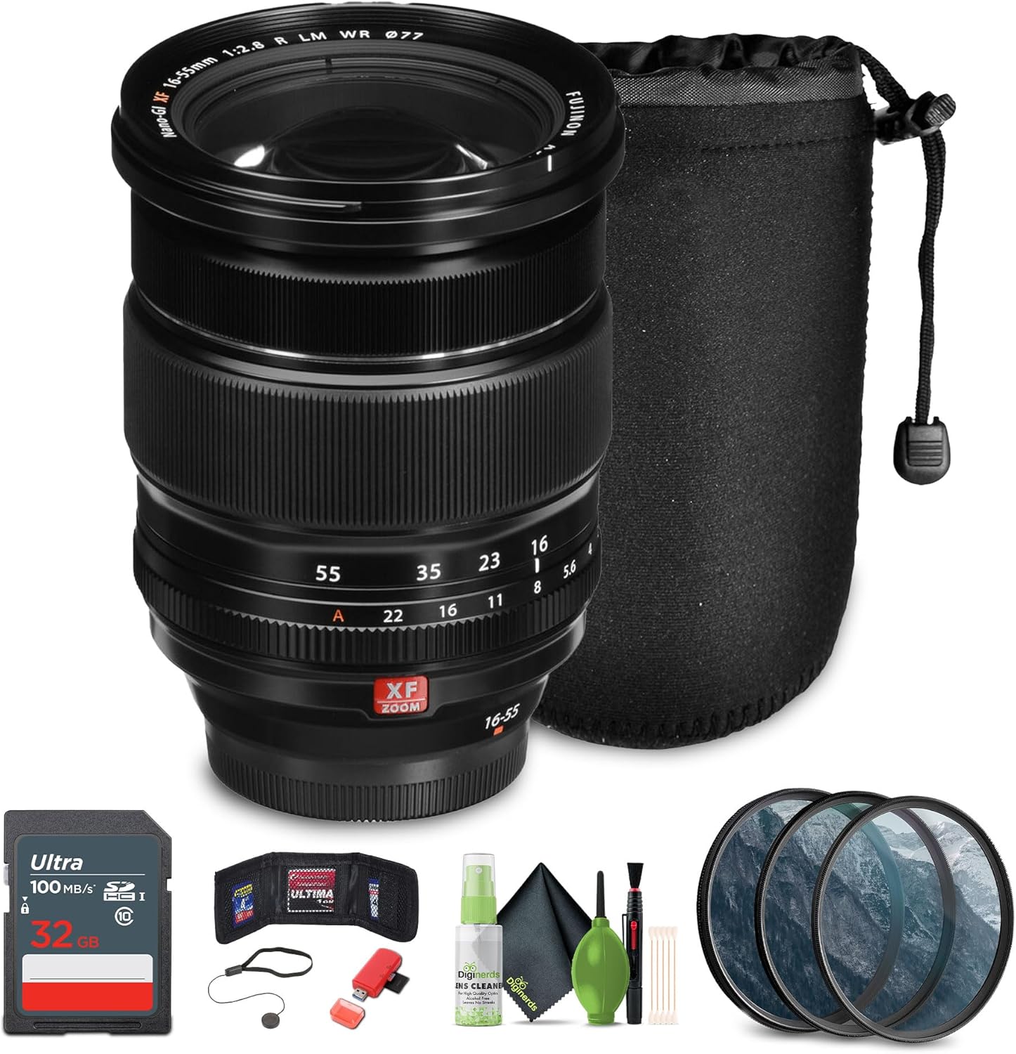 FUJIFILM XF 16-55mm f/2.8 R LM WR Lens Bundle with 32GB Memory Card + Professional MC 3 Piece Filter Kit, 77mm UV/CPL/F + Lens Cap Keeper + Memory Card Wallet + More