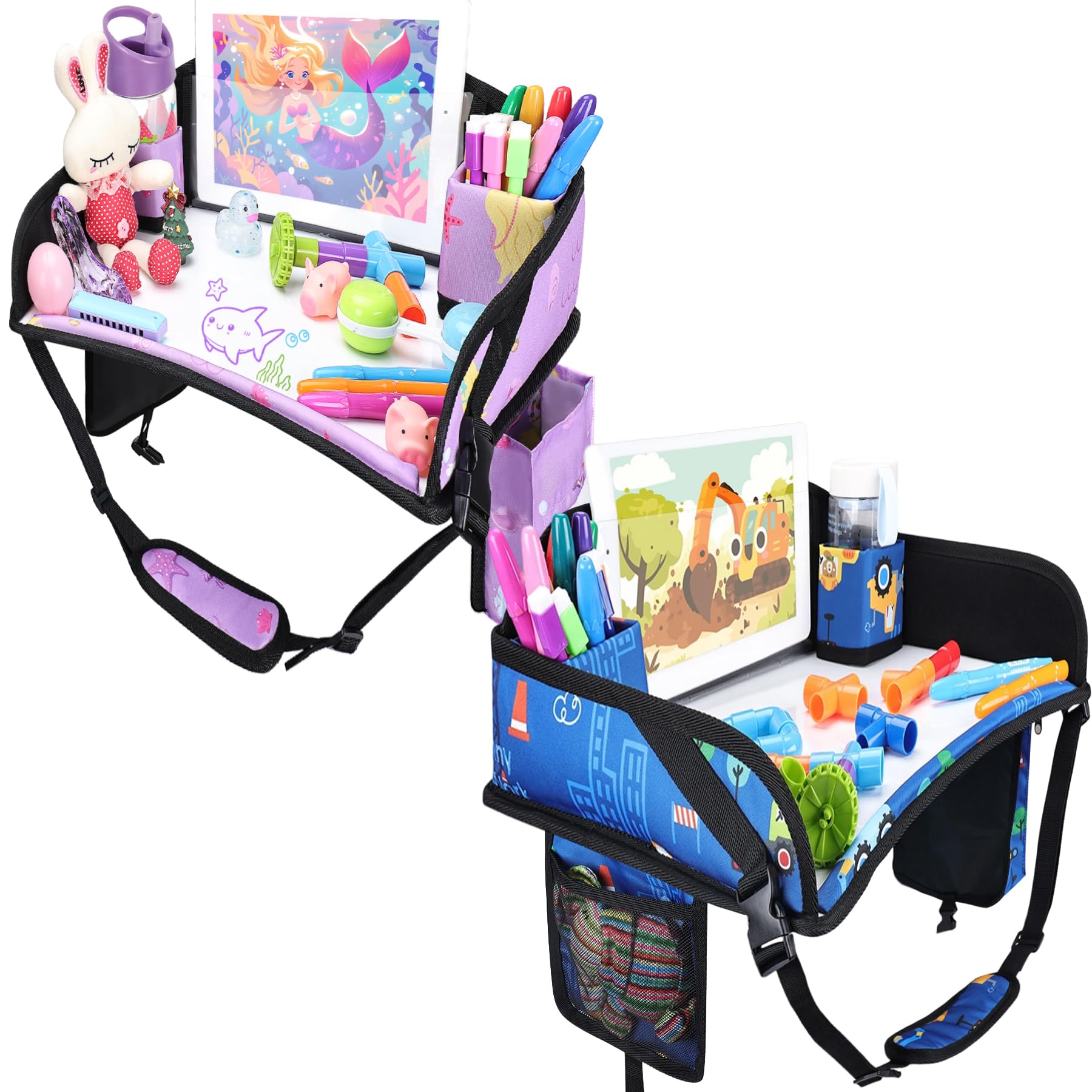 Kids Travel Tray for Toddler Car Seat, Road Trip Activities for Kid | Dry Erase Board, iPad Holder Stand, Adjustable Straps to Prevent Shaking, Multi-Pockets, 2PC(Dark Blue Car/Purple Mermaid)