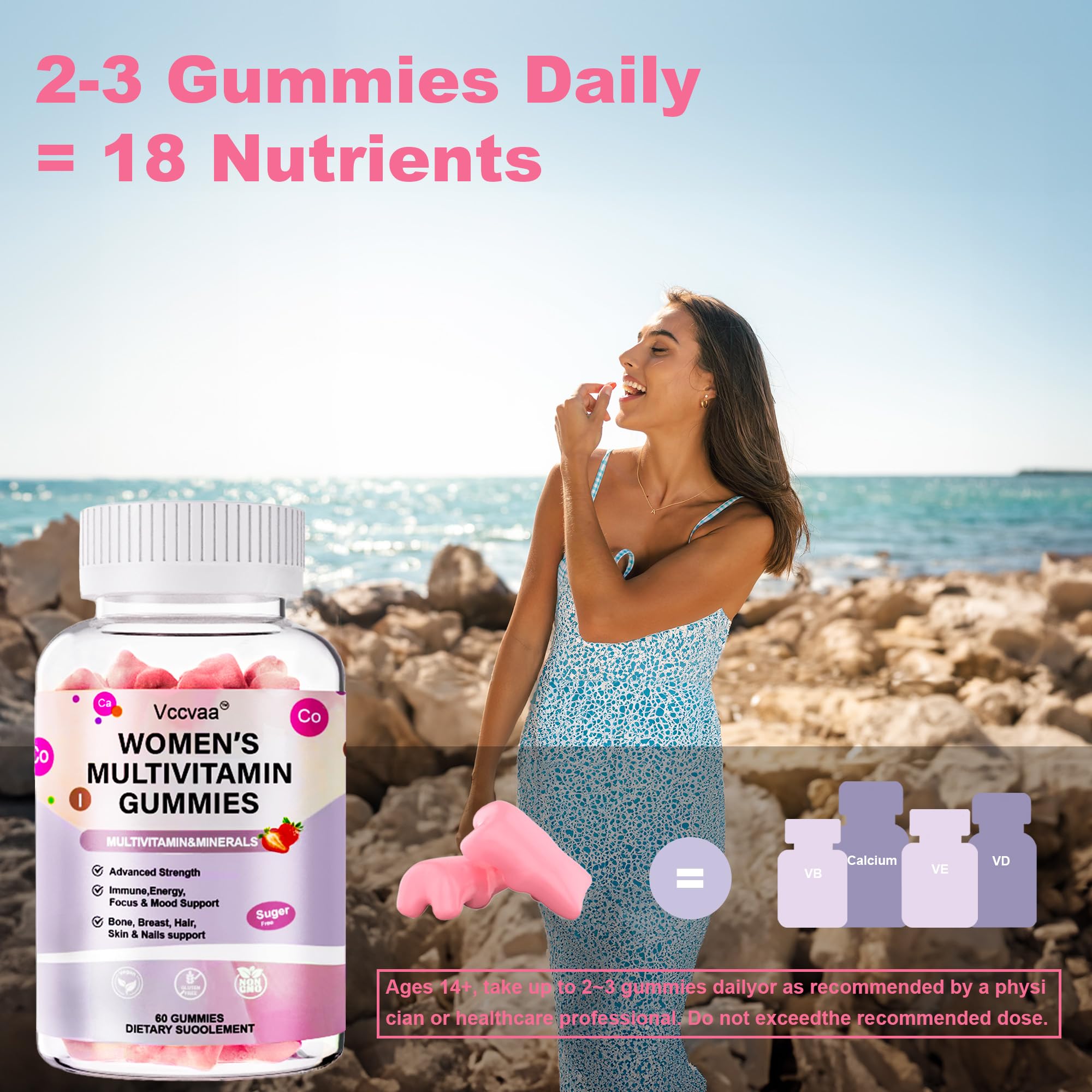 Sugar Free Multivitamin Gummies for Women 14+ with Iron, Inositol, Folate, Vitamins A C D3 E B12 K2, Herbal & Mineral Blend, Daily Vegan Gummy for Hair, Skin, Energy, Immune Support – 60 Count