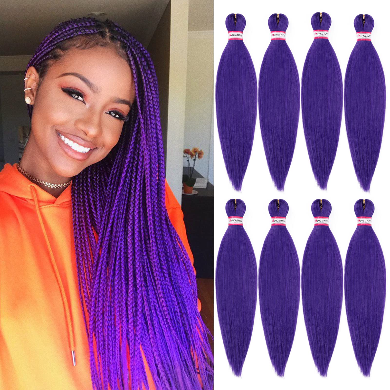 Purple Braiding Hair Pre Stretched 20 Inch 8 Packs Braiding Hair Extensions for Crochet Box Braids Twists Locs Hair Itch Free Soft Yaki Texture Hot