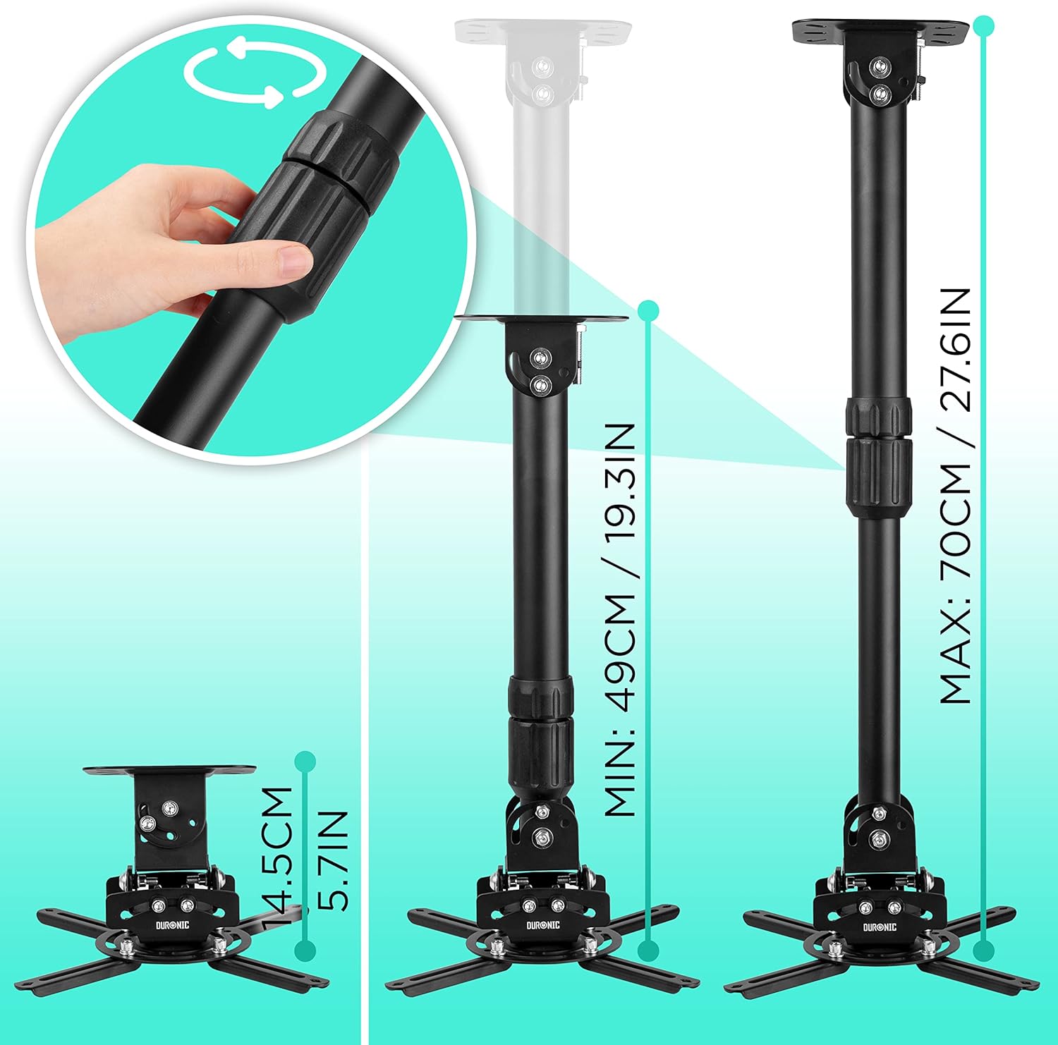 Duronic Projector Mount PB04XL | Bracket Fixing for Ceiling or Wall | 30lbs Capacity | Universal | Heavy Duty | Fittings Included | Rotate 360 °, Swivel 180 °, Tilt 180° for Easy Projection Set-up