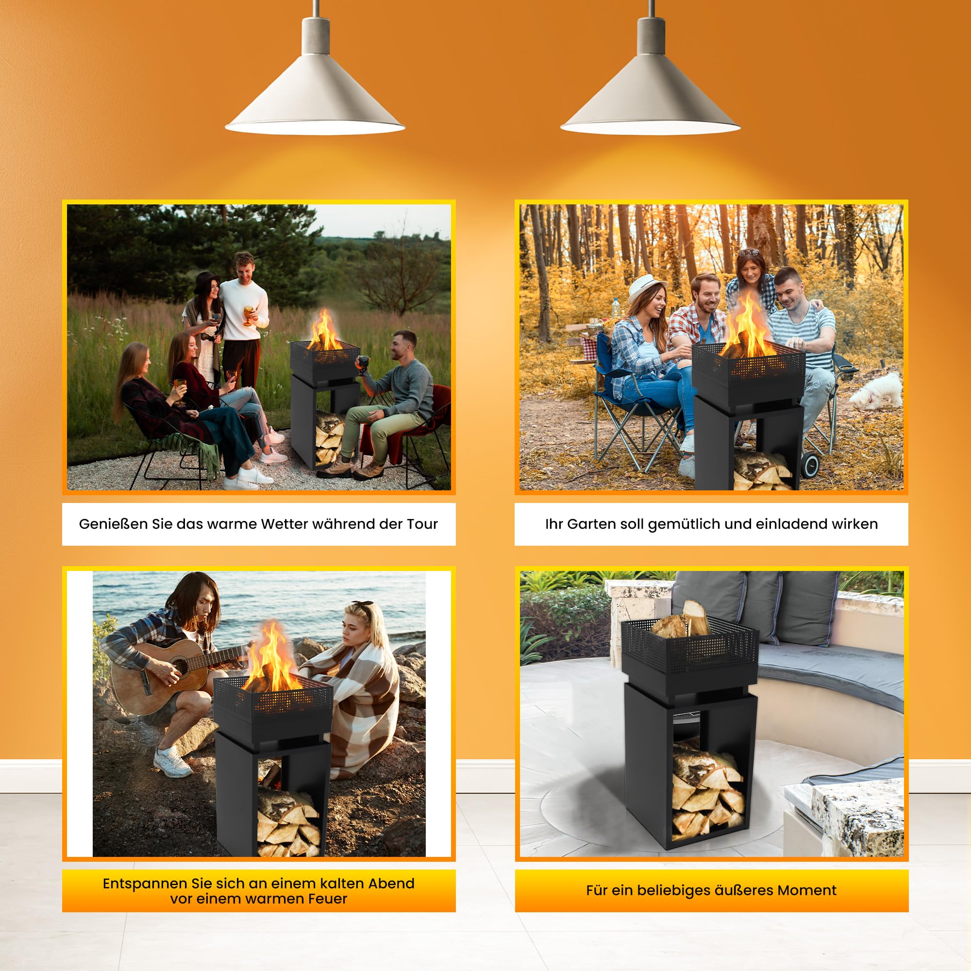 Feuerkorb mit Funkenschutz, Feuertonne, Holzofen,feuerschalen, Deko Terrasse, Außenofen, Gartenkamin, Aufbewahrung, Firepit, Stahl, 39 x 39 x 85 cm