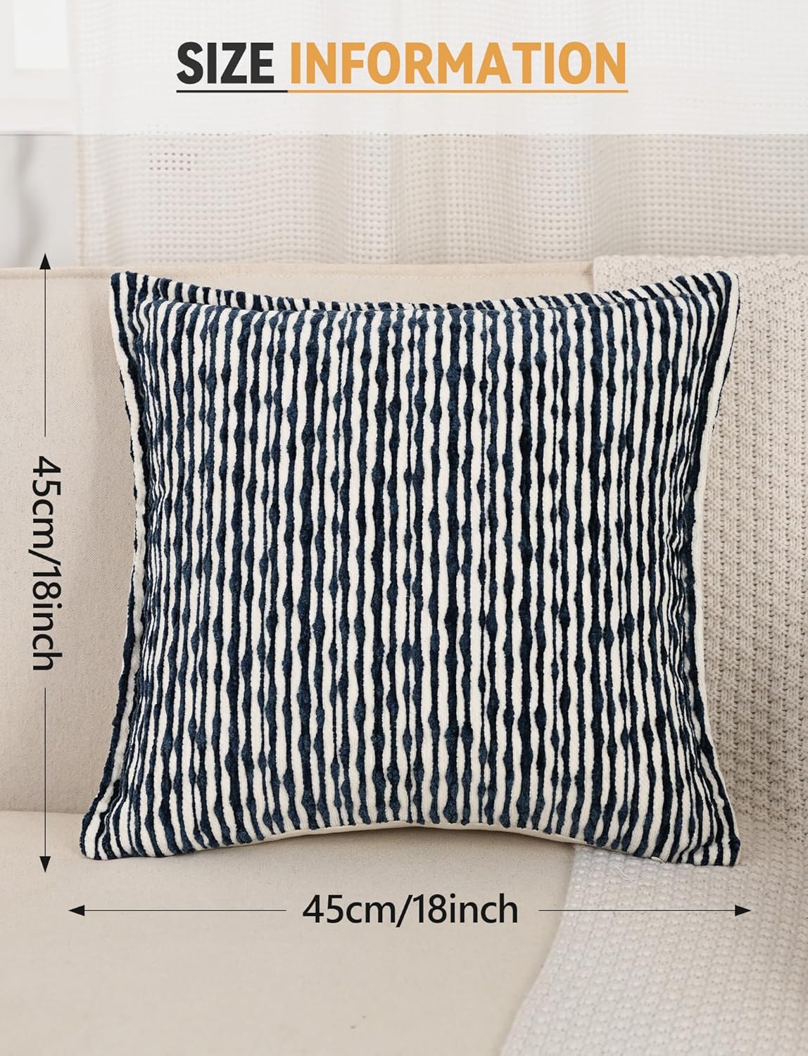 Chenille Textured Throw Pillow Cover Striped Jacquard Pillow Case 2 Pack Modern Decorative Cushion Cover for Sofa Living Room Bed Navy Blue