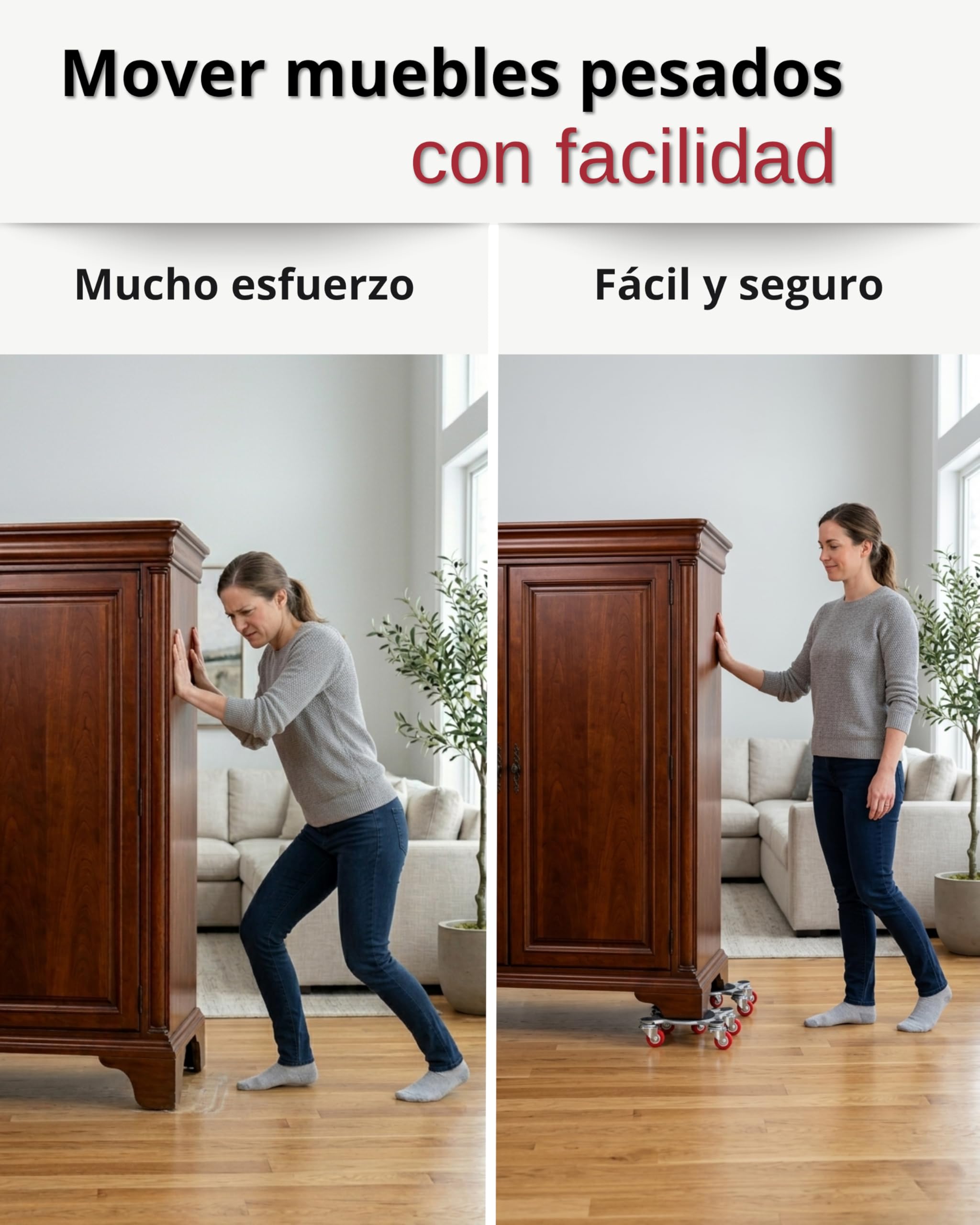 Kit para Mover Muebles Pesados | 4 Plataformas Acero Reforzado con 5 Ruedas 360° y 2 Frenos | Palanca Elevadora Extensible | hasta 800 kg | Protege Parquet y Suelo