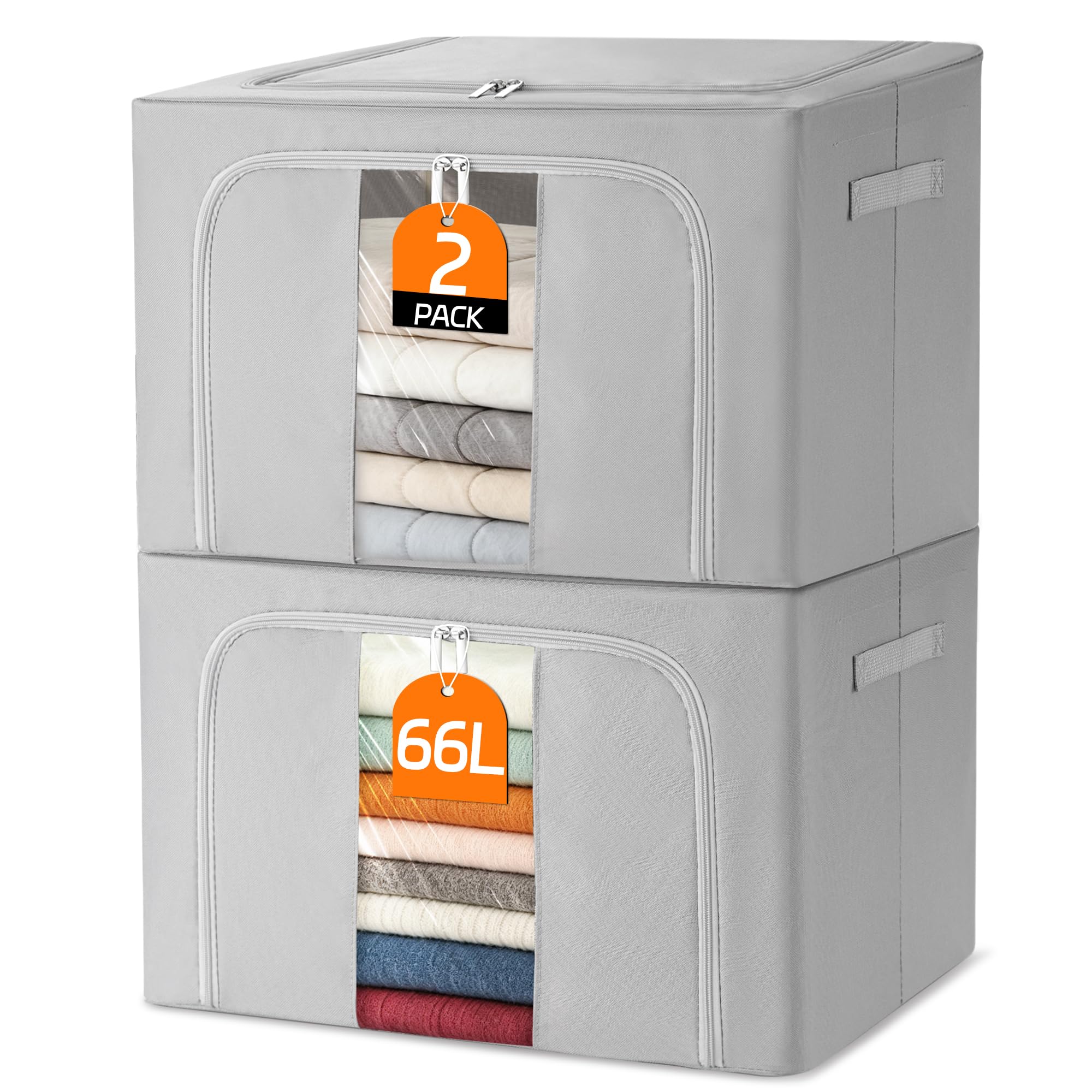 Averrex 2 Pcs 66L Storage Boxes with Lid, Fabric Storage Bins with Clear Windows and Metal Frame, Reusable Moving Boxes, Large Foldable Storage Bags for Clothes, Blankets, Dolls