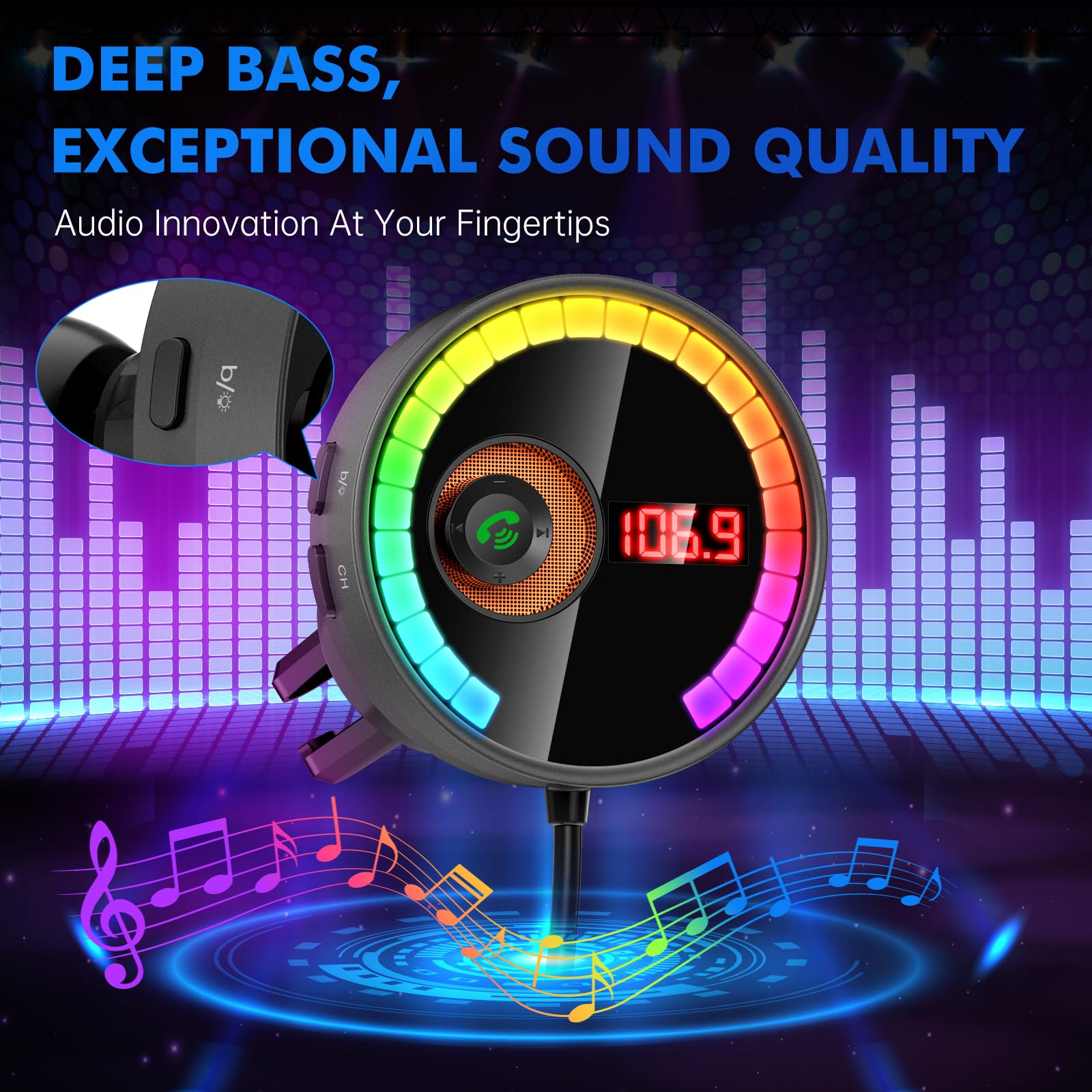 Bluetooth Car Adapter FM Transmitter Car Radio Bluetooth Transmitter, 7 Colors LED Backlit, QC3.0 Fast Charging - Image 4