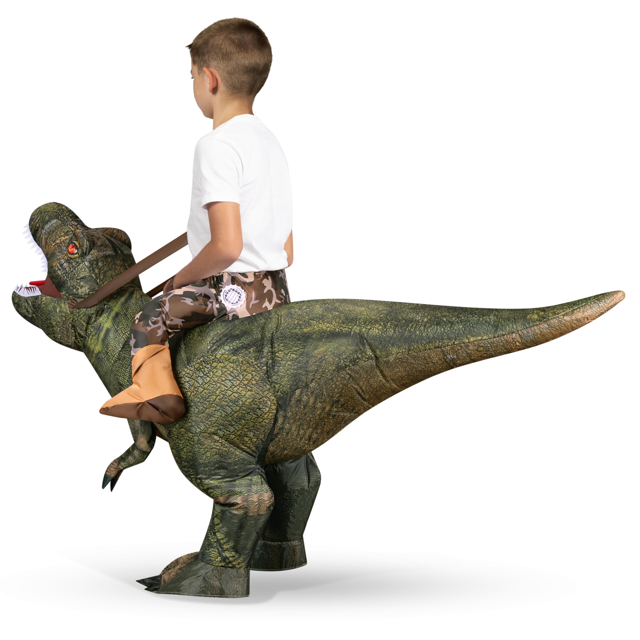 Spooktacular Creations T-Rex Nadmuchiwany kostium dla dzieci, zabawny kostium dmuchany powietrzem, druk cyfrowy, kostiumy do jazdy