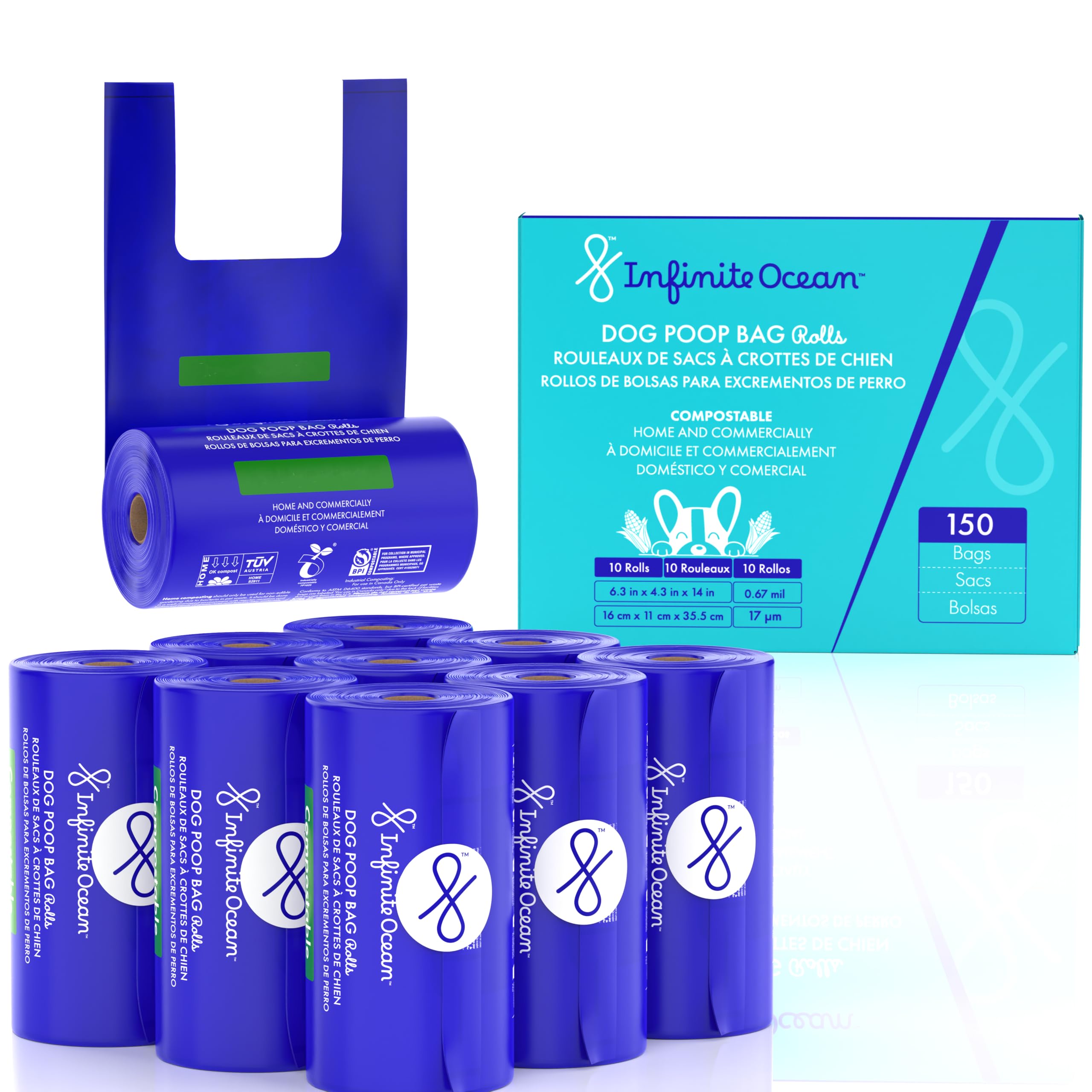 Certified Home Compostable Dog Poop Bag Rolls, 150 Count Tie-Handle & Gusseted, Leak-Proof, Odor-Proof, Thick Blue Refill Rolls, Unscented