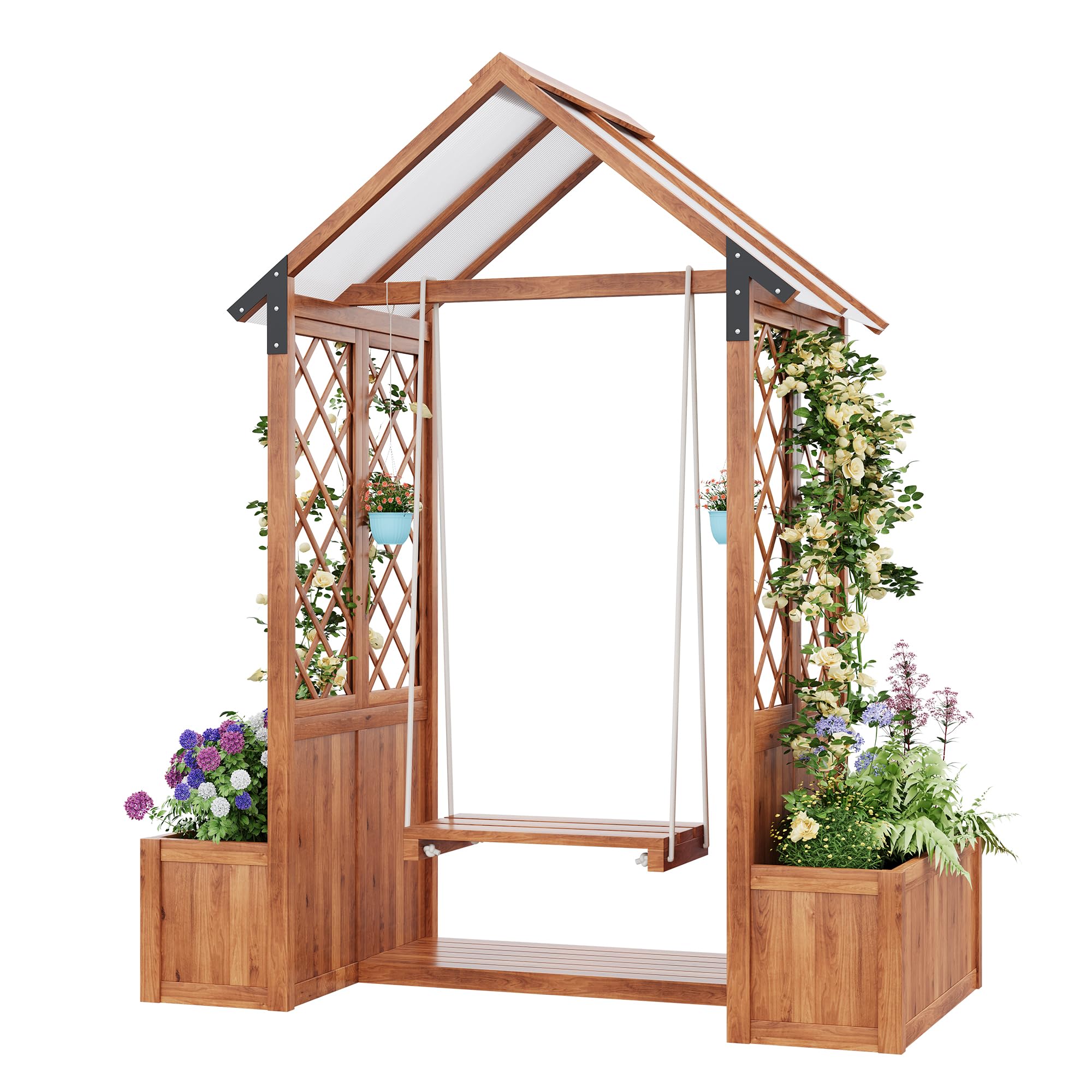 BTM Jardinera con celosía, maceta con columpio, jardineras al aire libre con toldo de policarbonato, bandeja de planta para jardín, patio, terraza, 142x70x163 cm, marrón