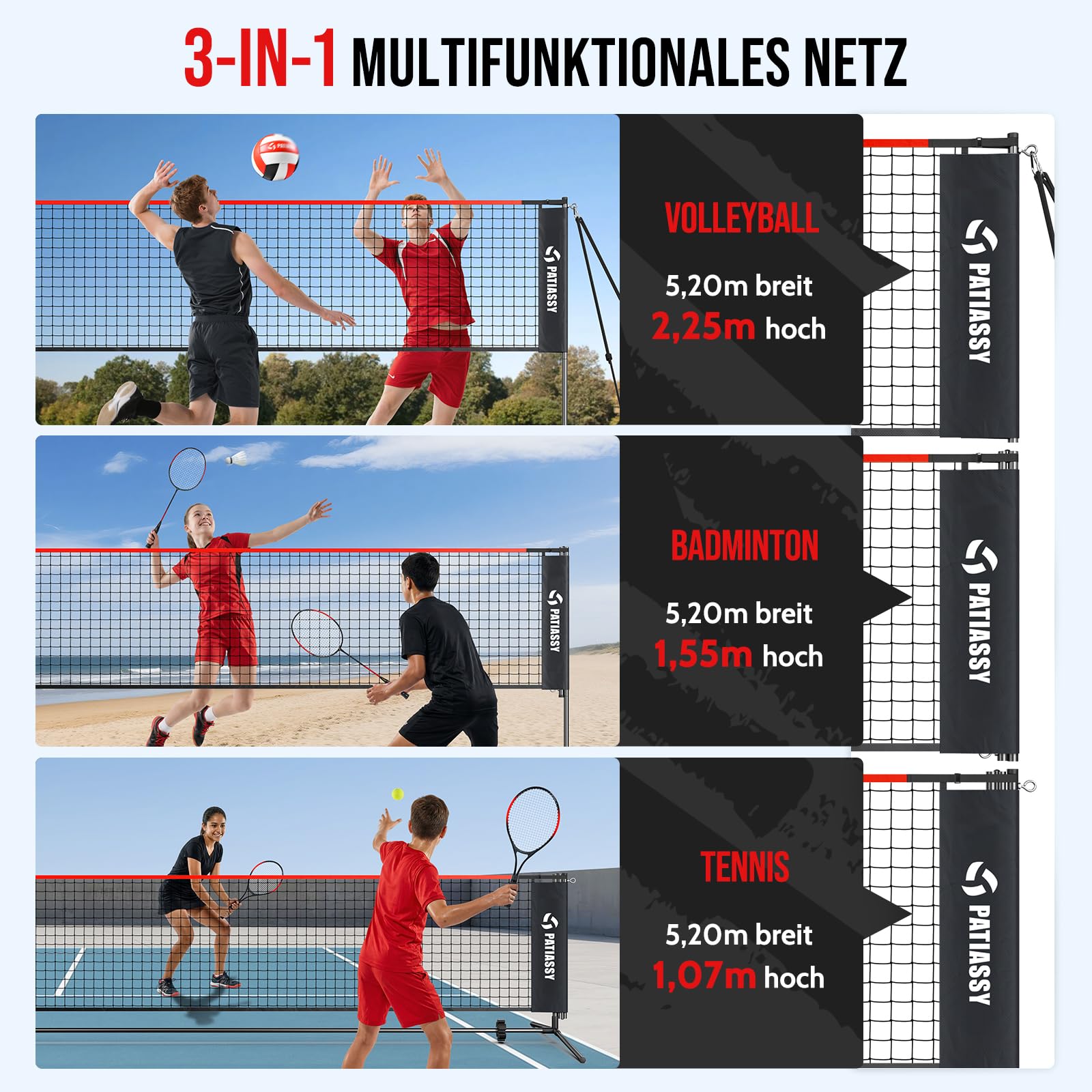 Patiassy Red de bádminton de 5,2 m, red de tenis, red de voleibol para jardín, barras de altura ajustable, juego de red portátil 4 en 1 con voleibol, bádminton y tenis, raqueta de voleibol, pelota de - 3