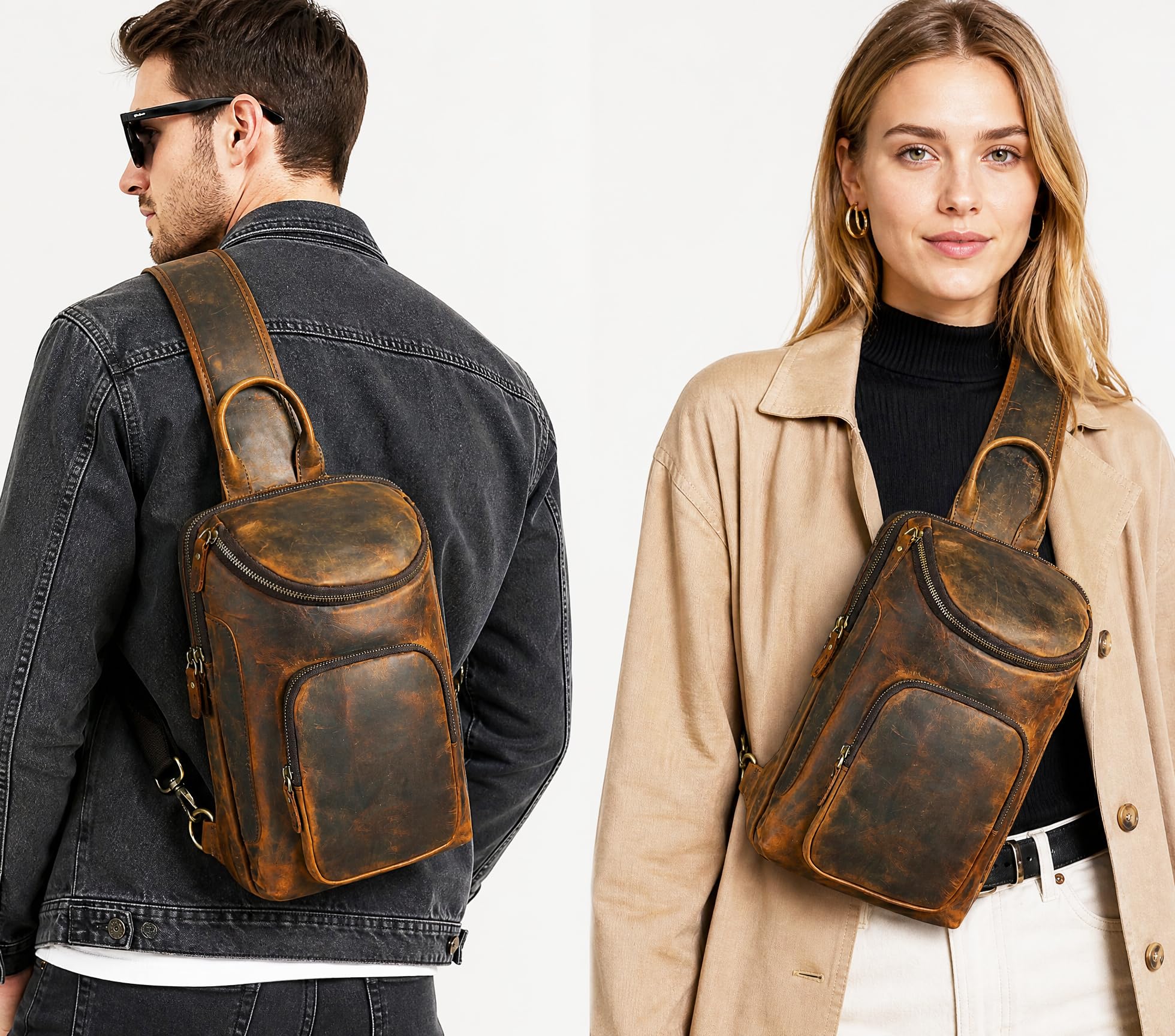 Vintage,Cuir véritable, triangulaire Sac à bandoulière, Sac à dos poitrine, Sac à dos à une épaule, pour homme et femme 3028