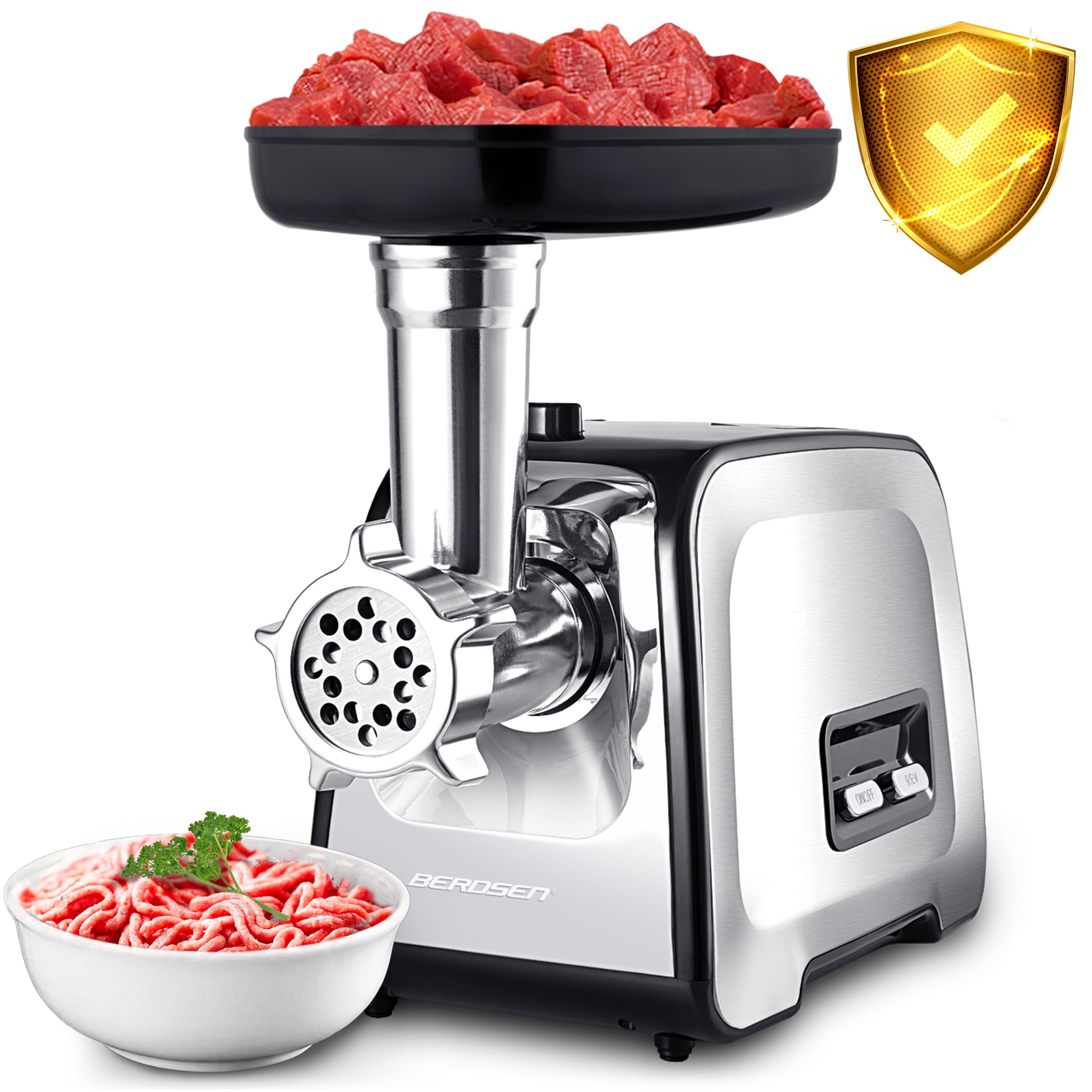Berdsen Picadora de carne, juego eléctrico con accesorios, accesorios, accesorio para salchichas, hoyos, trituradora, 450/1200 W, plata