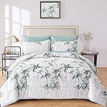 7 Pieces Bed in a Bag Queen Green Leaves on White Comforter Soft Microfiber Reversible Bedding Comforter Set (1 Comforter, 2 Pillow Shams, 1 Flat Sheet, 1 Fitted Sheet, 2 Pillowcases)