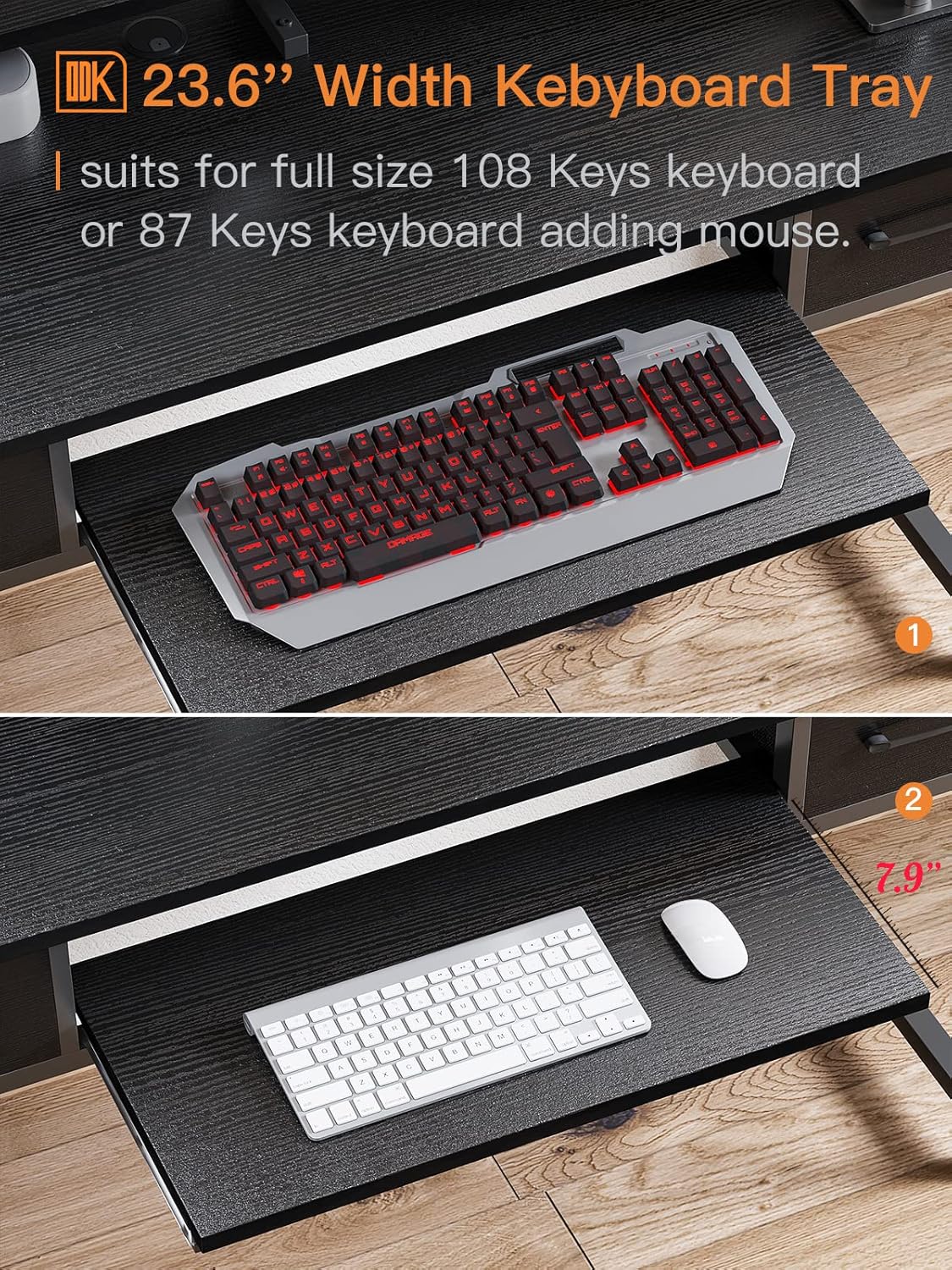Close-up view of the ODK Computer Desk's pull-out keyboard tray with a keyboard and mouse